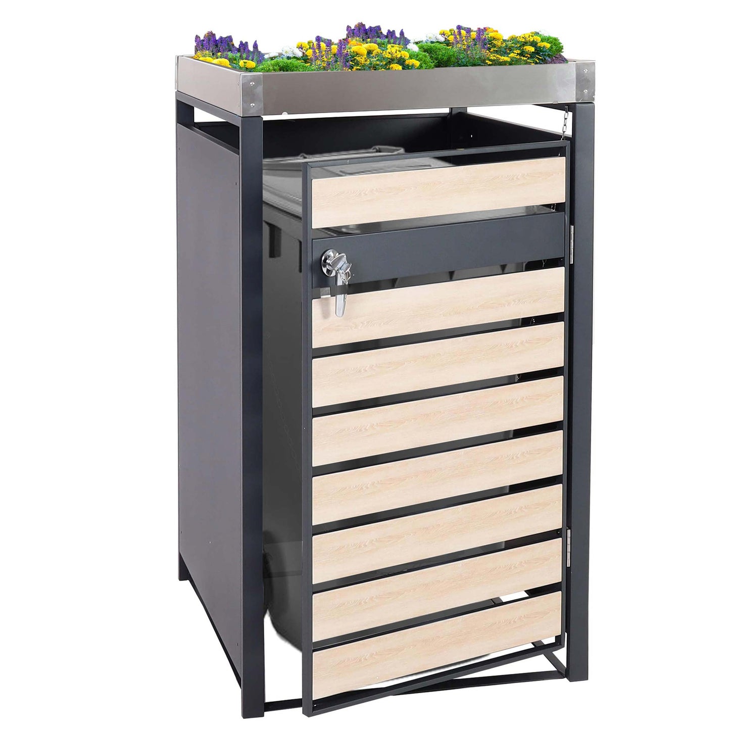 1 deksel afvalbak met plantenbak MCW-J81, uitbreidbaar, 125x68x80cm metaal 31kg, antraciet ~ beukenhout look