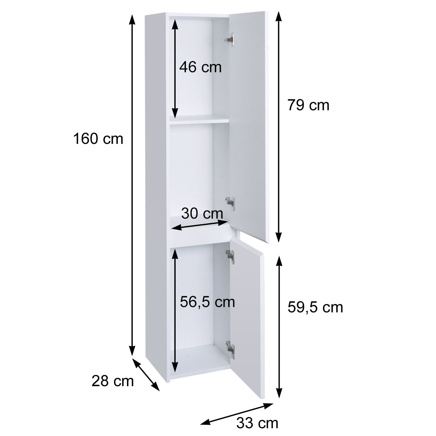 Wandkast MCW-L86, badkamermeubel highboard hoge kast, MVG melamine 2 deuren 3 vakken 160x33cm ~ zwart