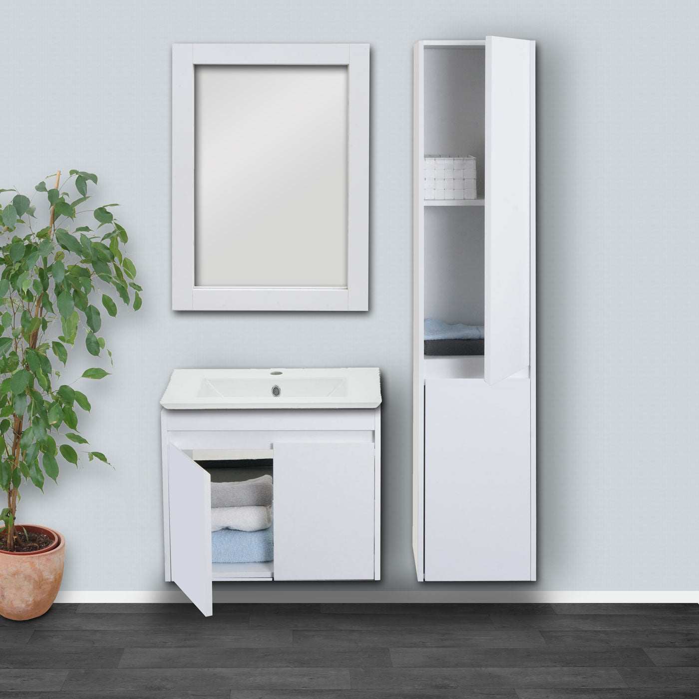 Wandkast MCW-L86, badkamermeubel highboard hoge kast, MVG melamine 2 deuren 3 vakken 160x33cm ~ wit