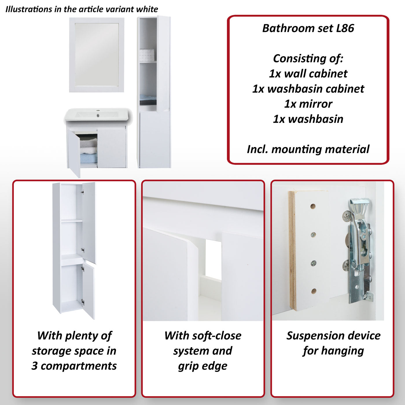 Badkamer set MCW-L86, wastafel wandspiegel wandmeubel wastafel, MVG-gecertificeerd gemelamineerd ~ zwart