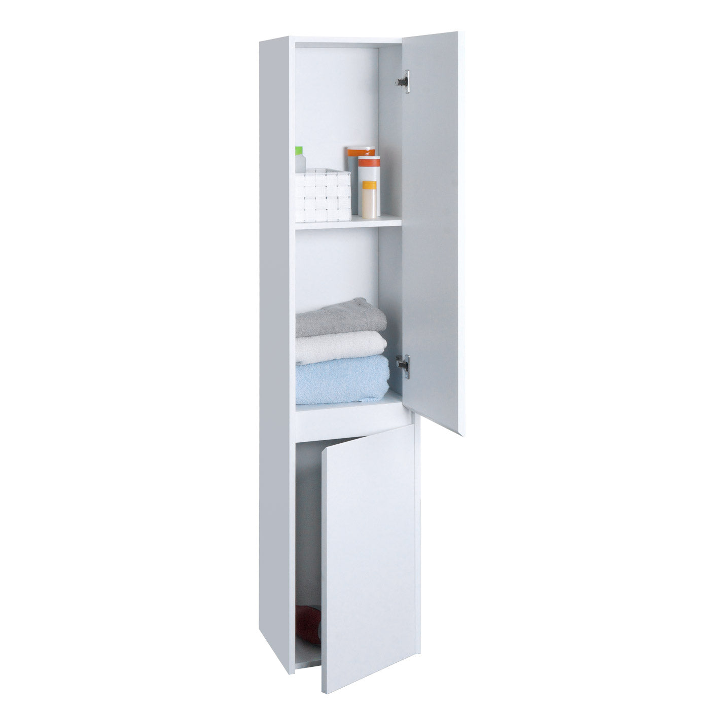 Wandkast MCW-L86, badkamermeubel highboard hoge kast, MVG melamine 2 deuren 3 vakken 160x33cm ~ wit