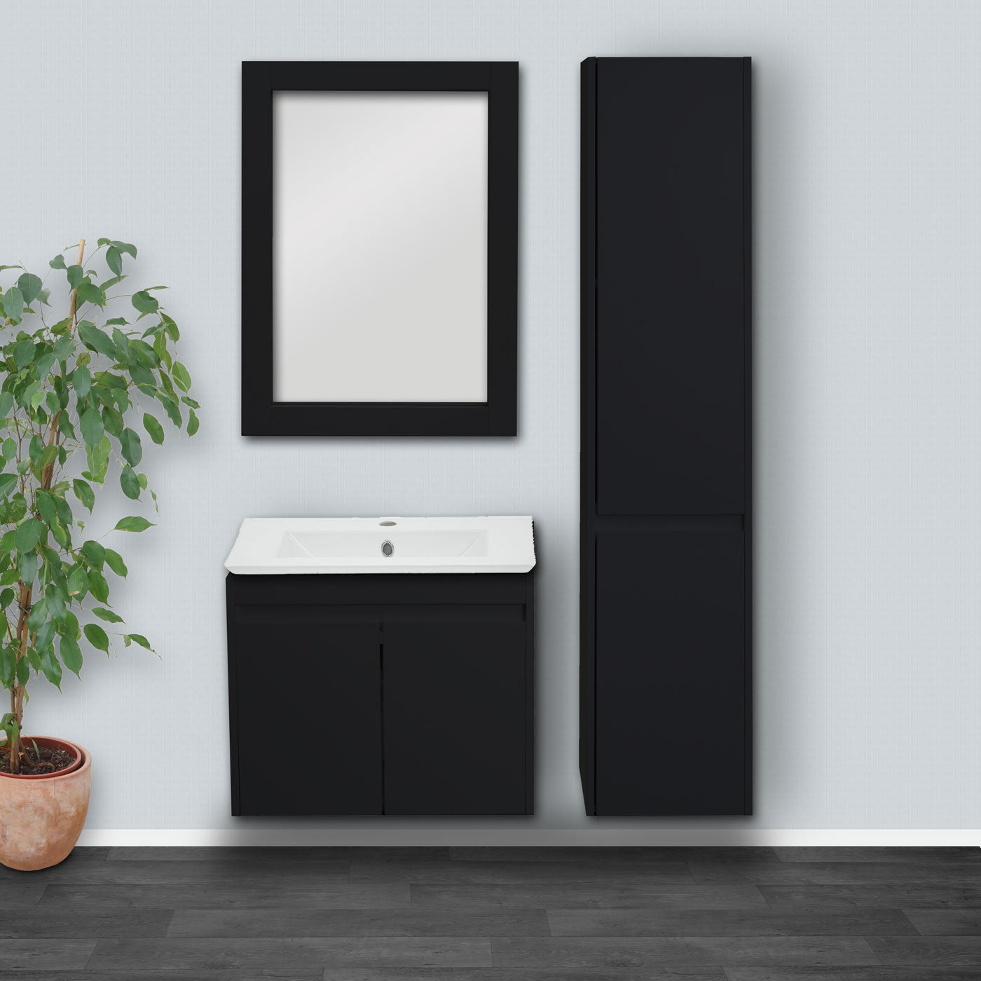 Wandkast MCW-L86, badkamermeubel highboard hoge kast, MVG melamine 2 deuren 3 vakken 160x33cm ~ zwart