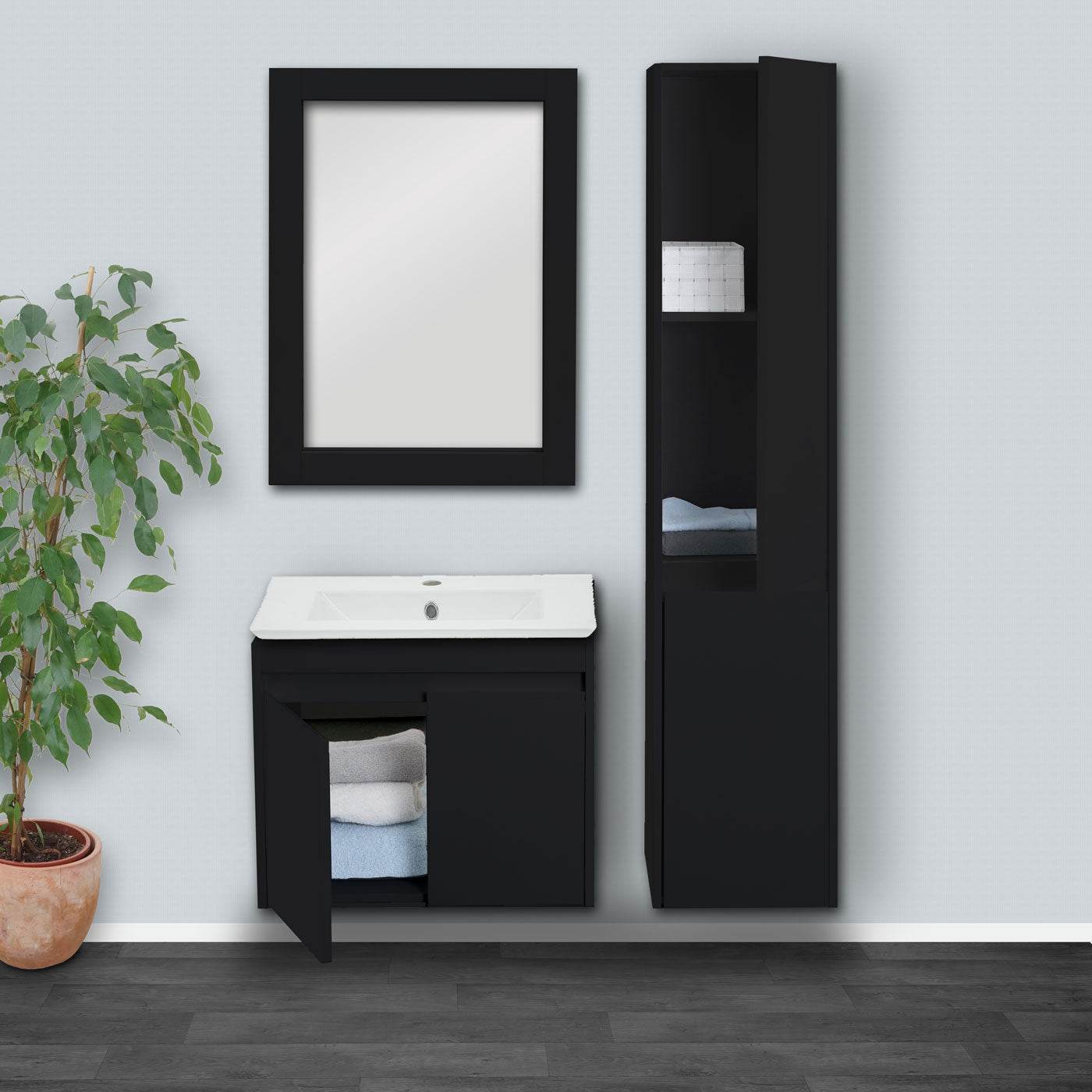 Badkamer set MCW-L86, wastafel wandspiegel wandmeubel wastafel, MVG-gecertificeerd gemelamineerd ~ zwart