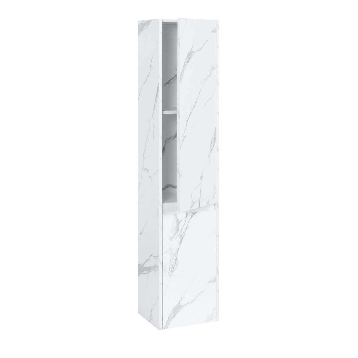 Wandkast MCW-L86, badkamermeubel highboard hoge kast, MVG melamine 2 deuren 3 vakken 160x33cm ~ marmer-look wit