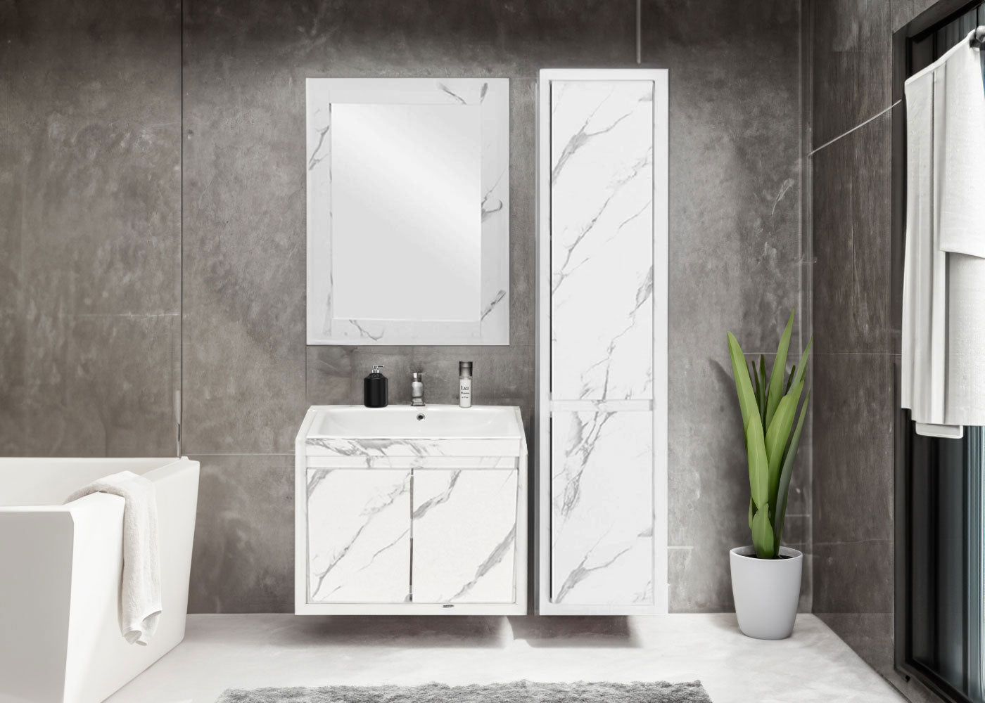 Wandkast MCW-L86, badkamermeubel highboard hoge kast, MVG melamine 2 deuren 3 vakken 160x33cm ~ marmer-look wit
