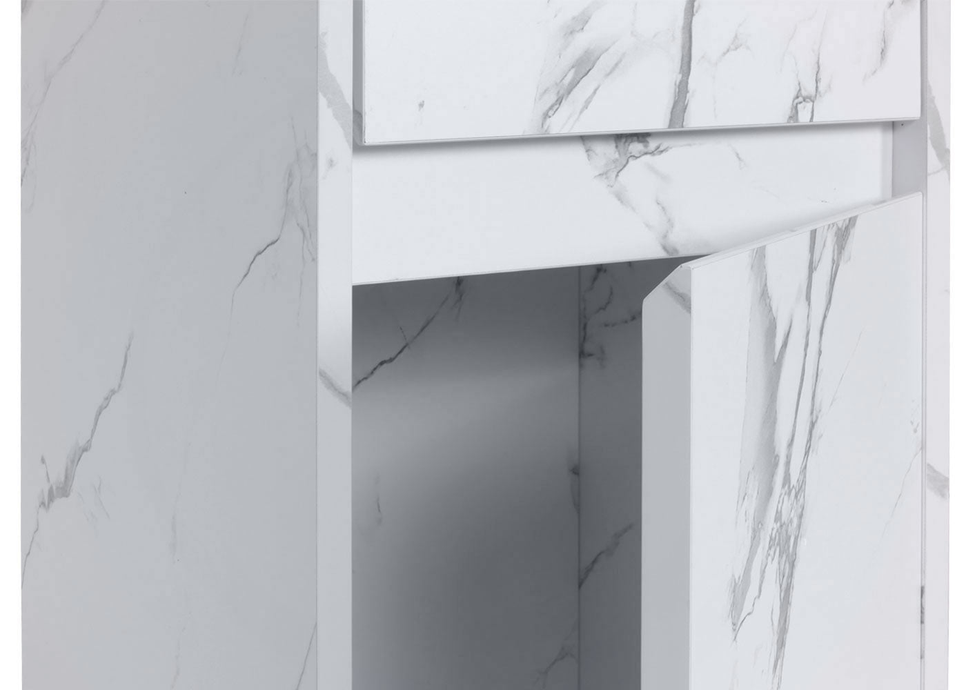 Wandkast MCW-L86, badkamermeubel highboard hoge kast, MVG melamine 2 deuren 3 vakken 160x33cm ~ marmer-look wit