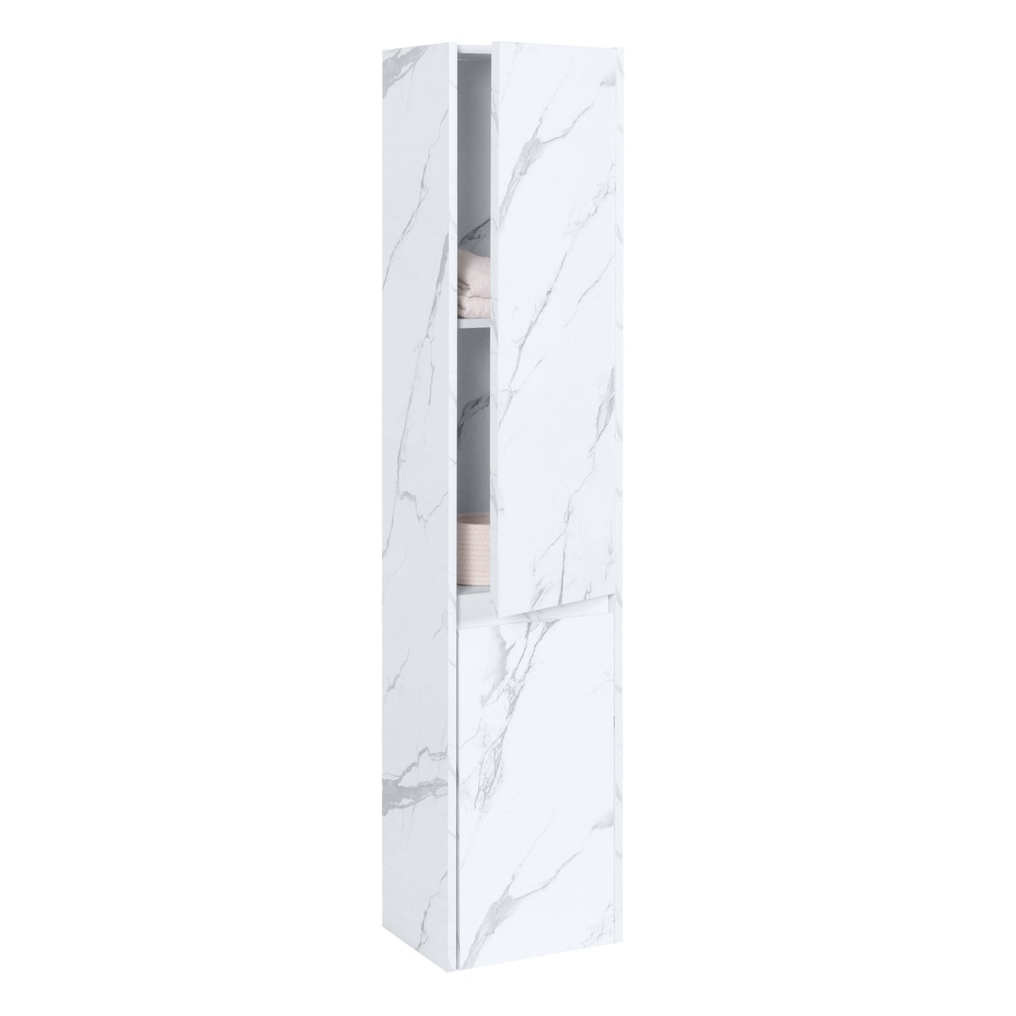 Wandkast MCW-L86, badkamermeubel highboard hoge kast, MVG melamine 2 deuren 3 vakken 160x33cm ~ marmer-look wit