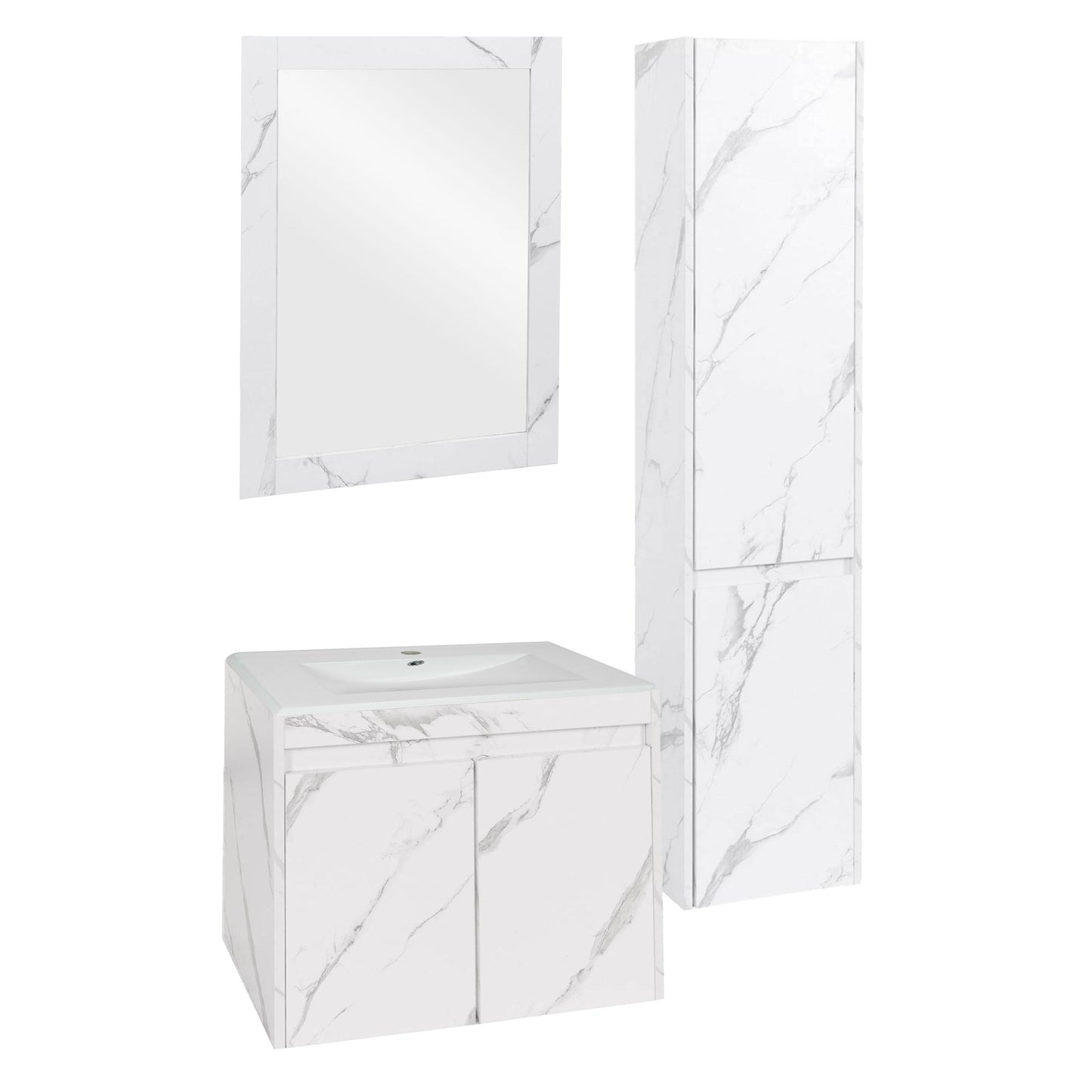 Badkamerset MCW-L86, wastafel wandspiegel wandmeubel wastafel, MVG gemelamineerd ~ marmer-look wit