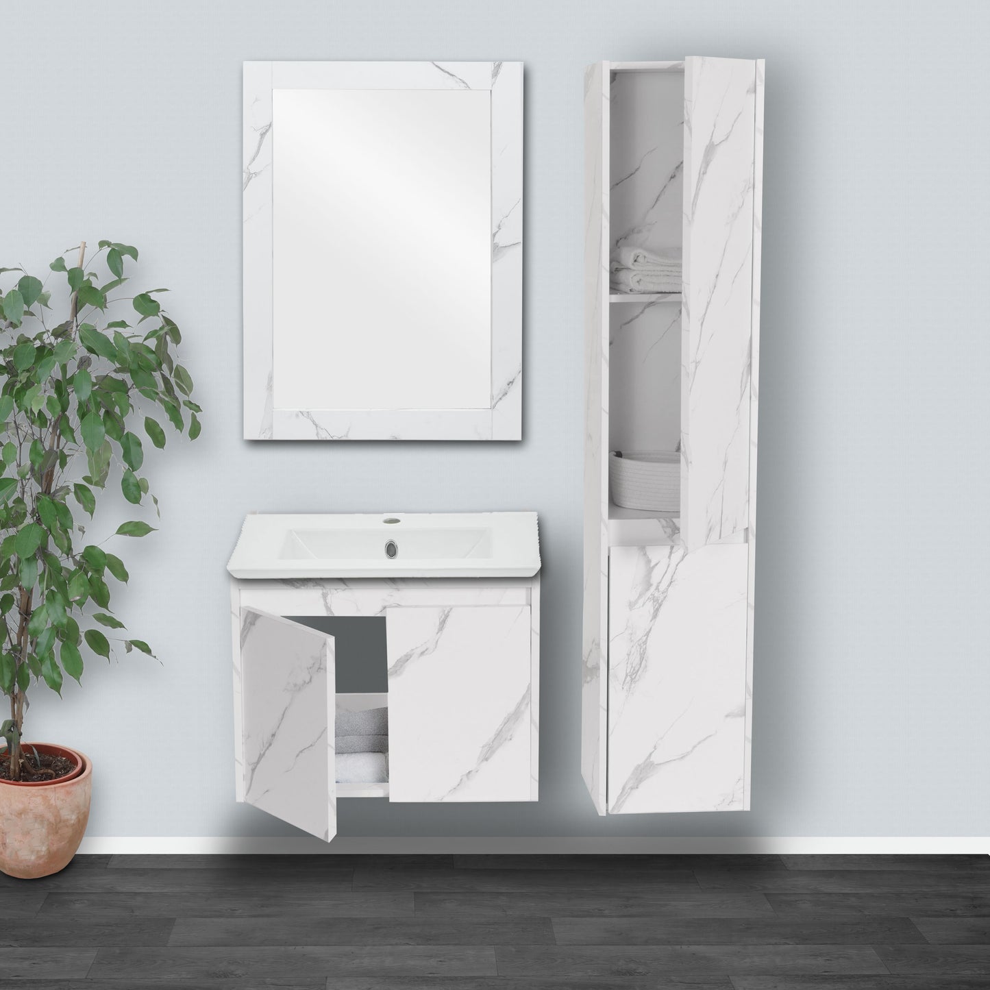 Badkamerset MCW-L86, wastafel wandspiegel wandmeubel wastafel, MVG gemelamineerd ~ marmer-look wit