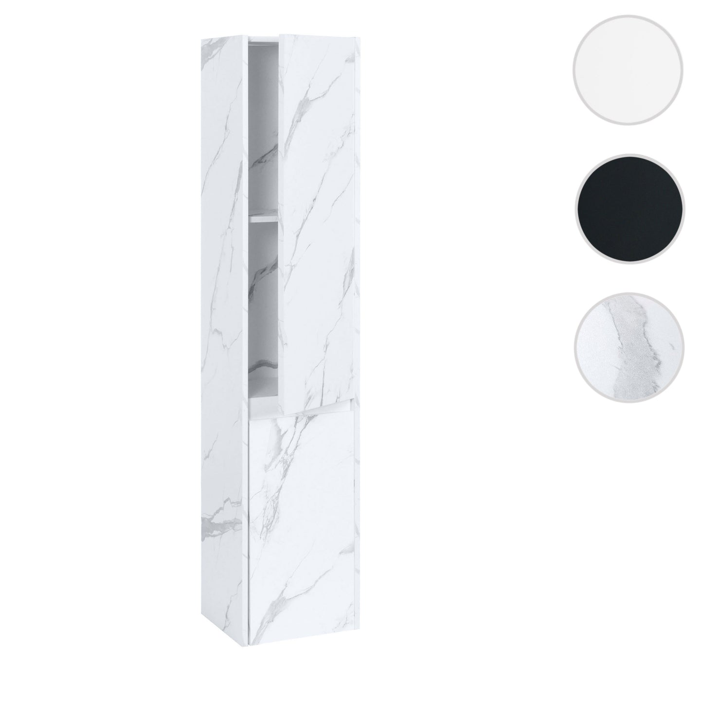 Wandkast MCW-L86, badkamermeubel highboard hoge kast, MVG melamine 2 deuren 3 vakken 160x33cm ~ marmer-look wit