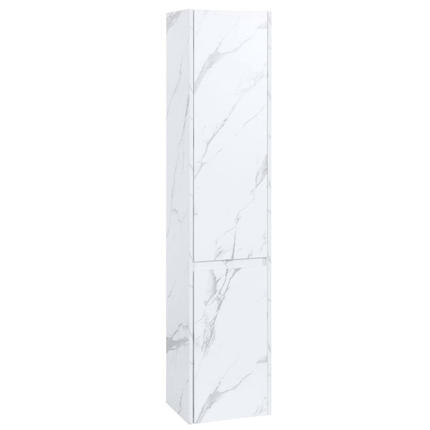 Wandkast MCW-L86, badkamermeubel highboard hoge kast, MVG melamine 2 deuren 3 vakken 160x33cm ~ marmer-look wit