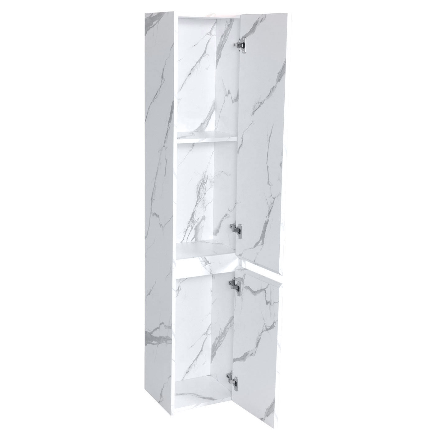 Wandkast MCW-L86, badkamermeubel highboard hoge kast, MVG melamine 2 deuren 3 vakken 160x33cm ~ marmer-look wit