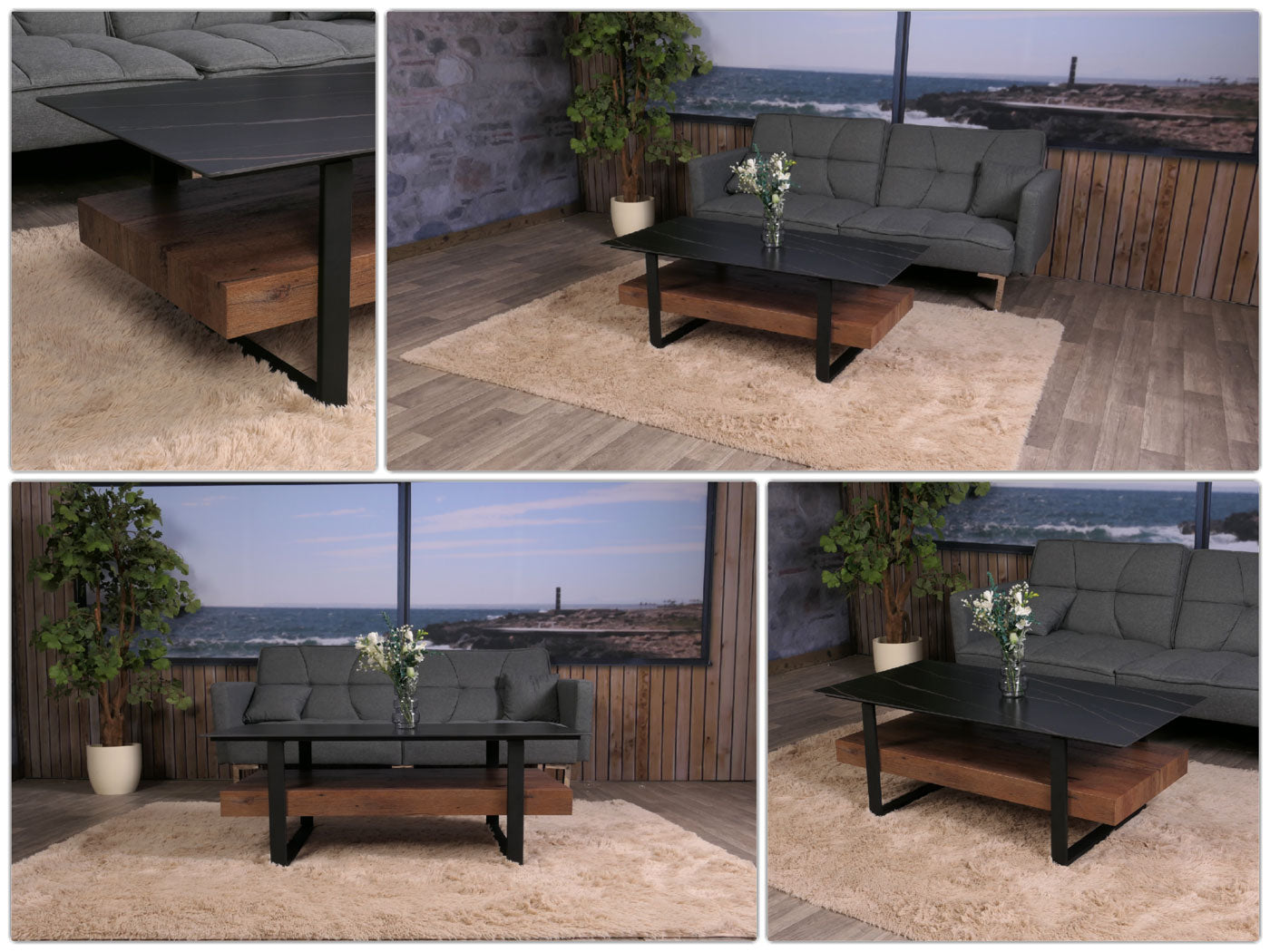 Salontafel MCW-L88, woonkamer tafel tafel, plank ijzer 43x120x60cm gesinterde steen marmer look zwart hout donkerbruin