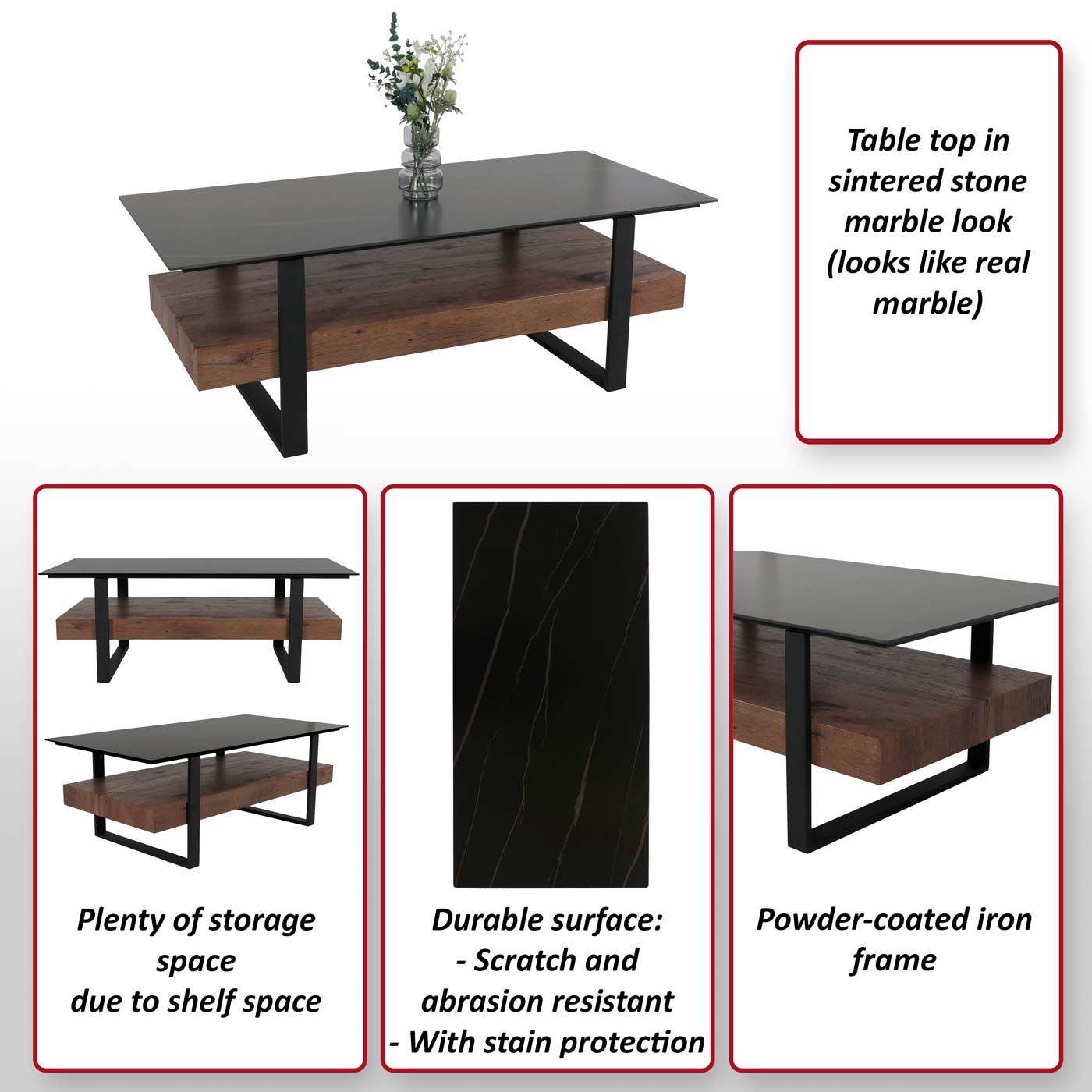 Salontafel MCW-L88, woonkamer tafel tafel, plank ijzer 43x120x60cm gesinterde steen marmer look zwart hout donkerbruin