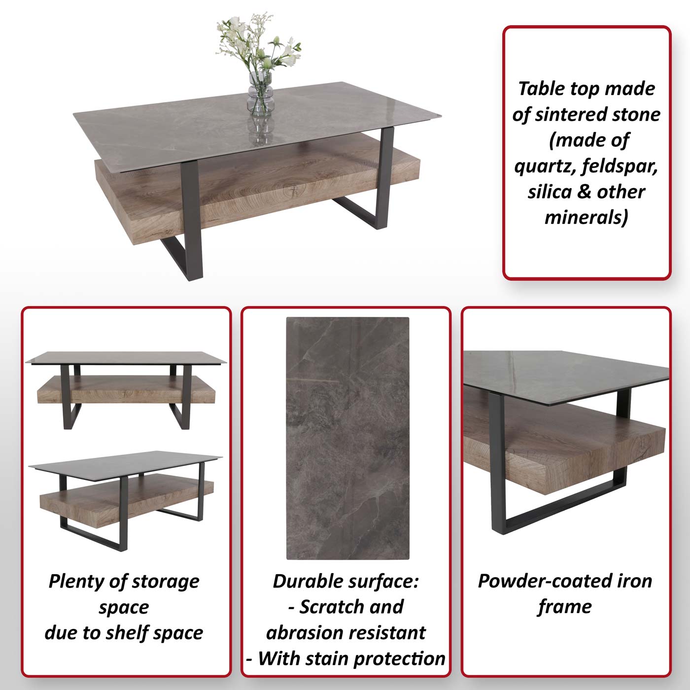Salontafel MCW-L88, salontafel tafel, plank ijzer 43x120x60cm gesinterde steen marmer look grijs hout grijsbruin