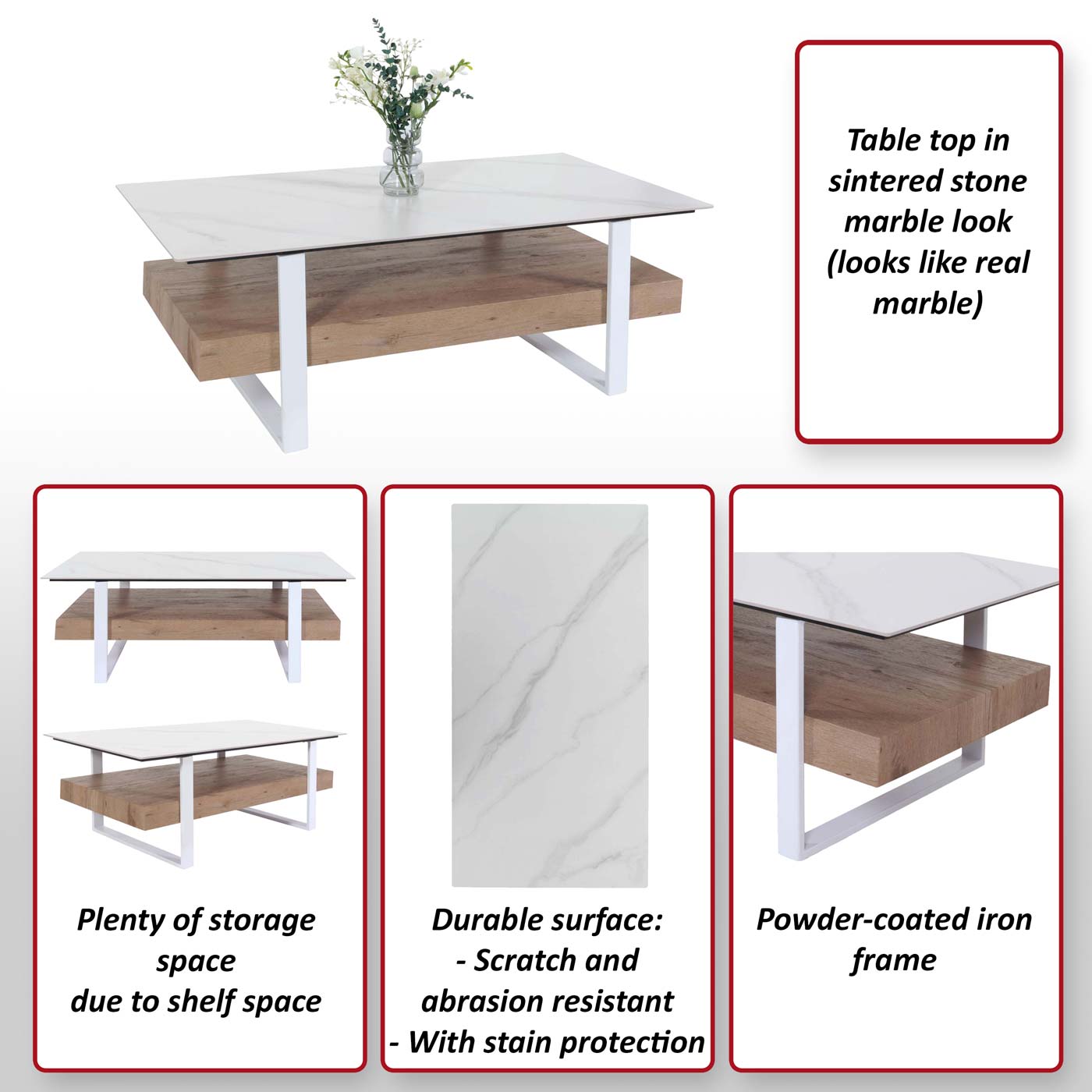 Salontafel MCW-L88, woonkamer tafel tafel, plank ijzer 43x120x60cm gesinterde steen marmer look wit natuurlijk hout