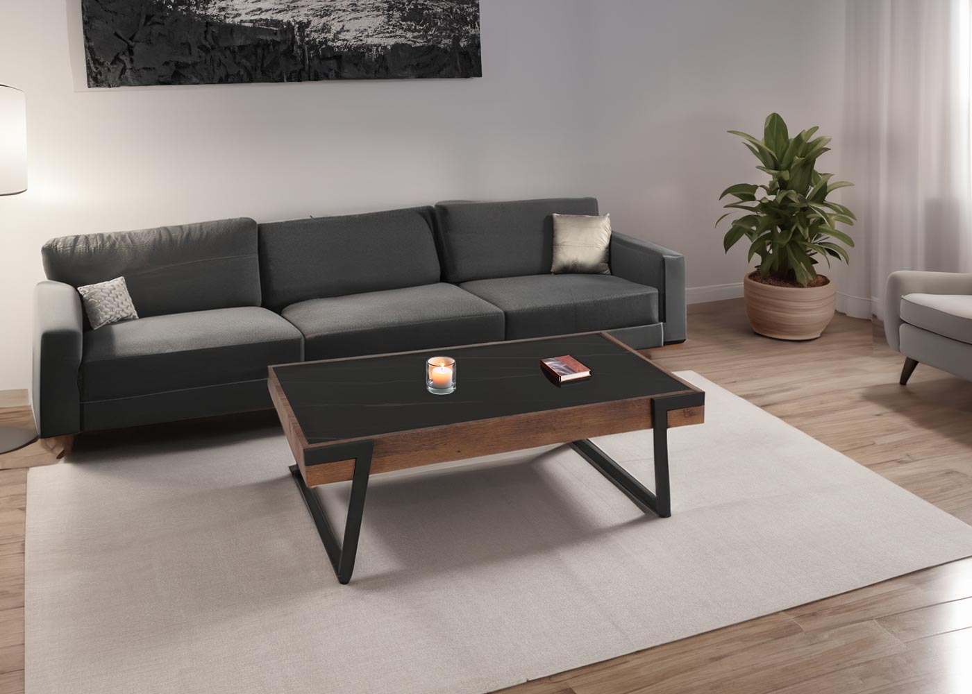 Salontafel MCW-L89, banktafel woonkamertafel, ijzer 43x120x64cm gesinterde steen marmer look zwart hout donkerbruin