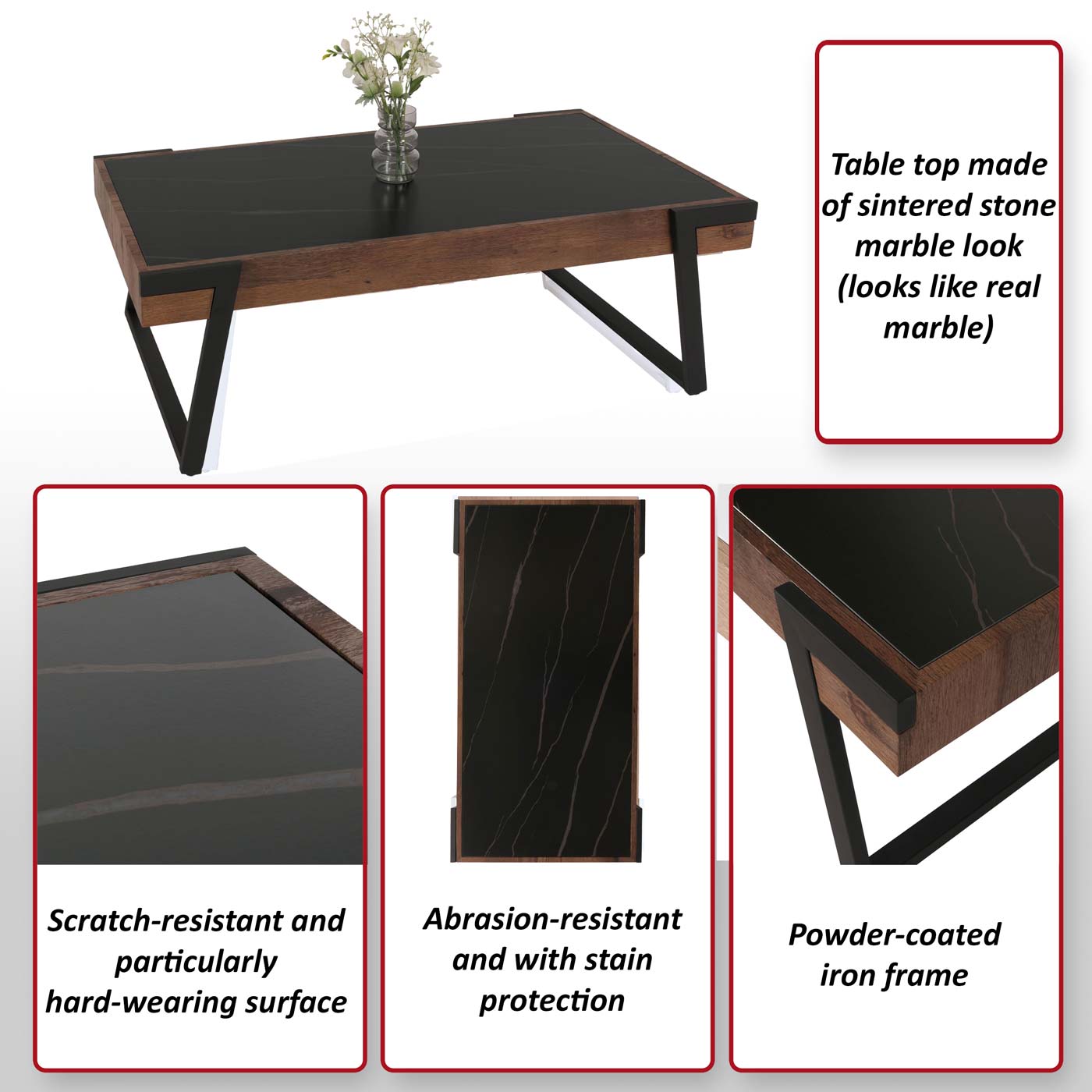 Salontafel MCW-L89, banktafel woonkamertafel, ijzer 43x120x64cm gesinterde steen marmer look zwart hout donkerbruin