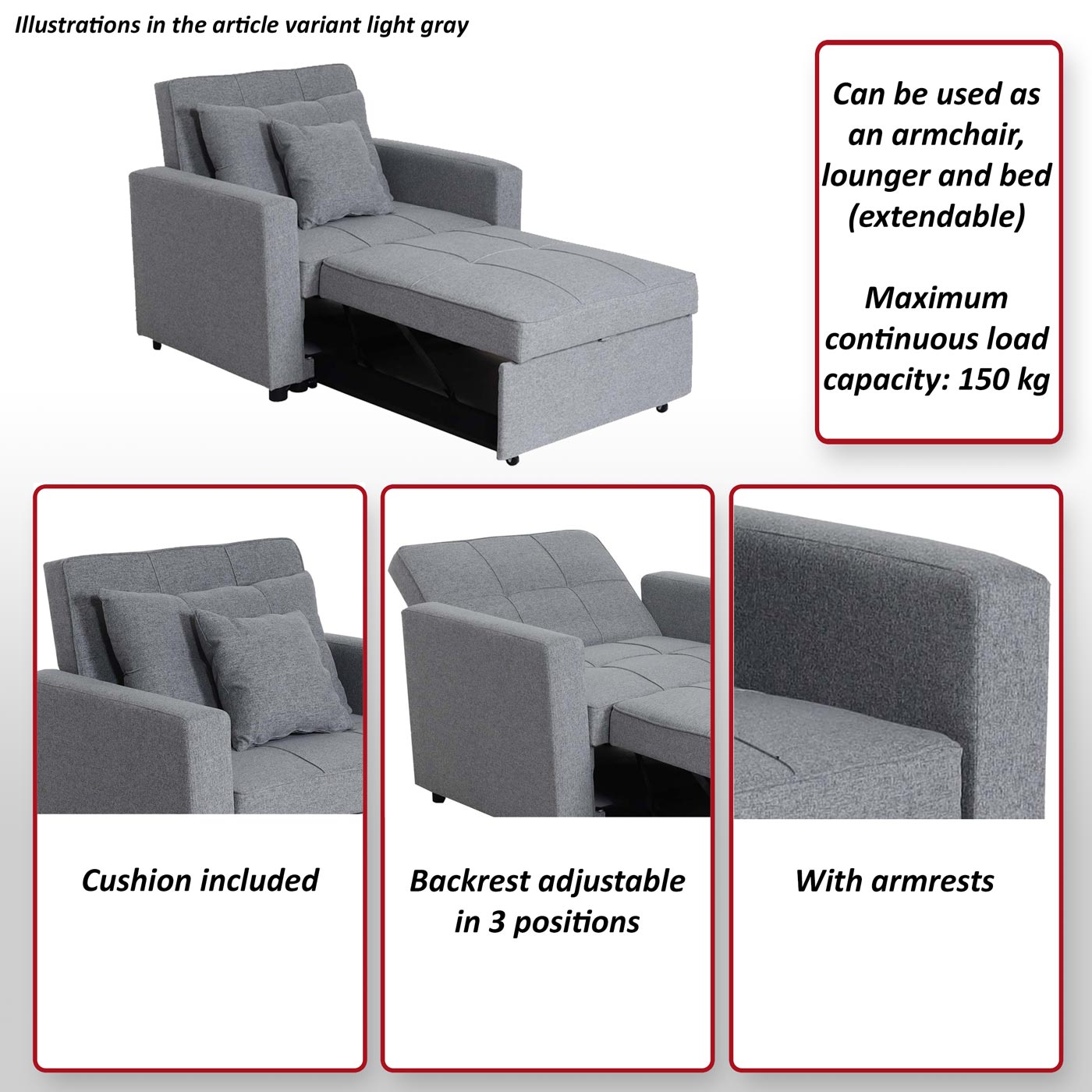 MCW-L90 fauteuil slaapbank, inklapbare fauteuil slaapbank logeerbed, ligvlak 197x103cm stof/textiel ~ donkergrijs