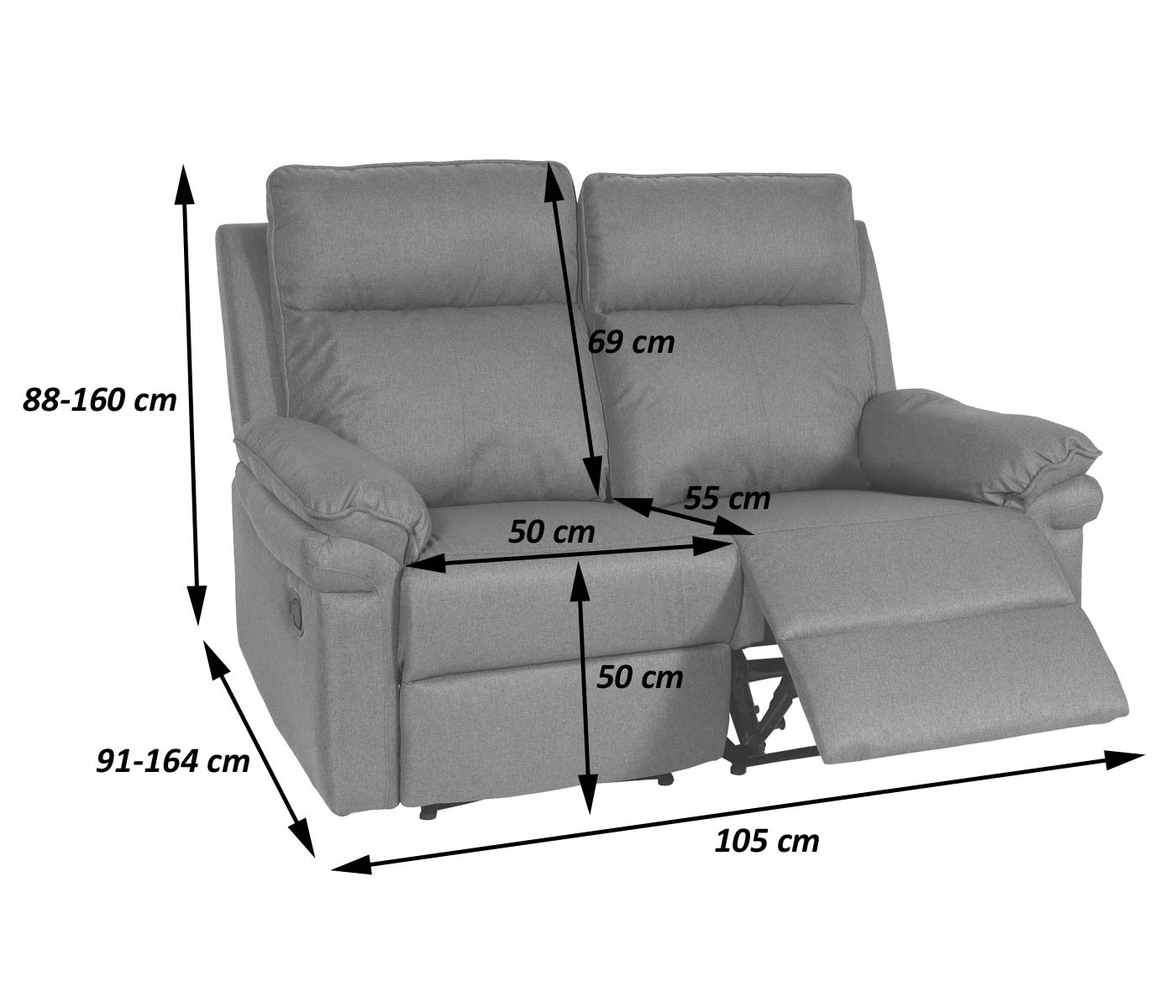 2-zits bioscoopfauteuil MCW-L94, relaxfauteuil TV-fauteuil bank, verstelbare armleuning nosag-vering stof/textiel ~ donkergrijs