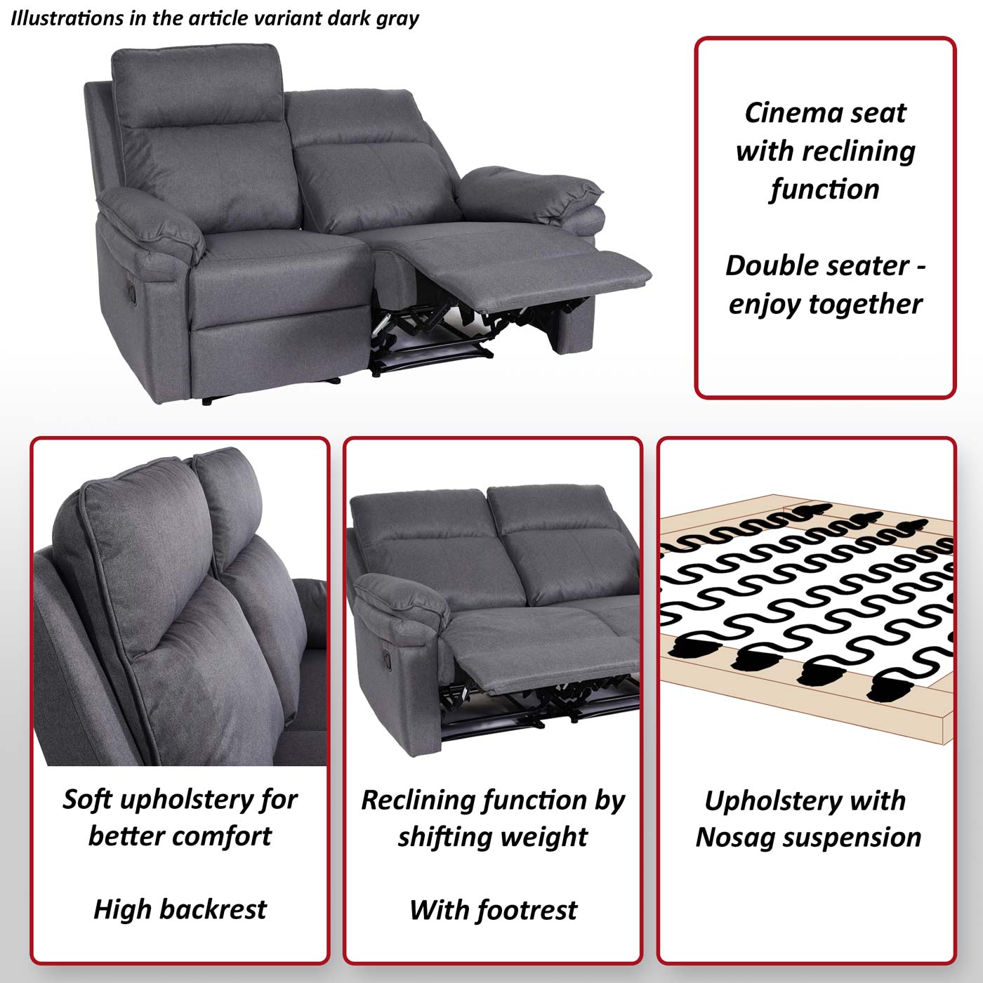 2-zits bioscoopfauteuil MCW-L94, relaxfauteuil TV-fauteuil bank, verstelbare armleuning nosag-vering stof/textiel ~ donkergrijs