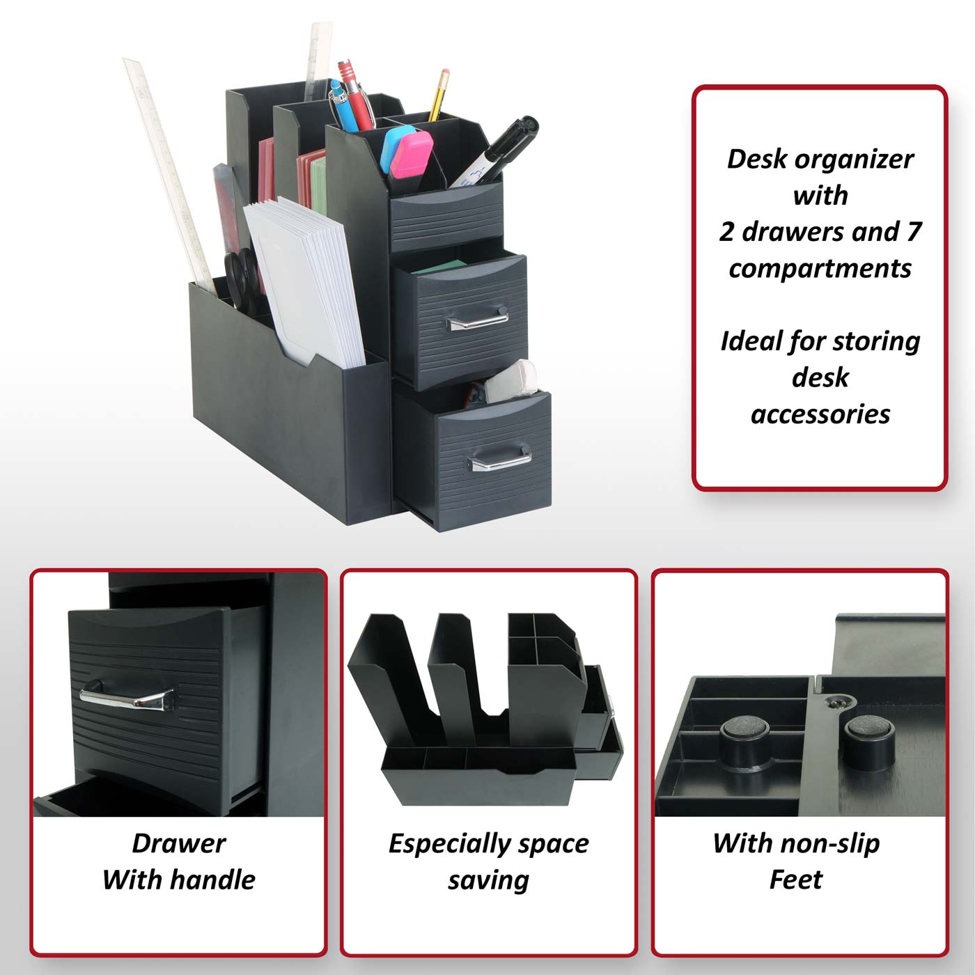 Bureau-organizer MCW-L97, pennenhouder opbergdoos met 2 laden en 7 vakken, 29x14x33cm