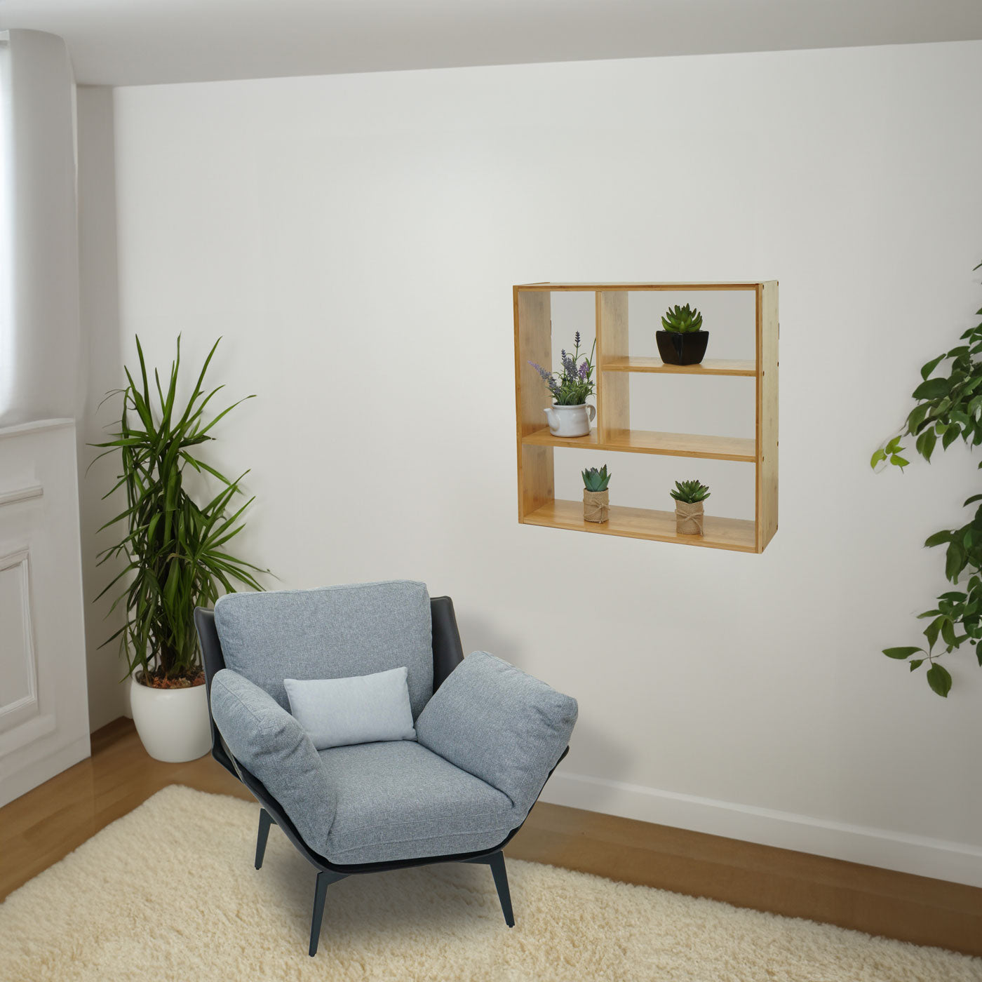 Wandplank MCW-M22, hangplank Drijvende plank met 4 vakken, bamboe 50x50x15cm