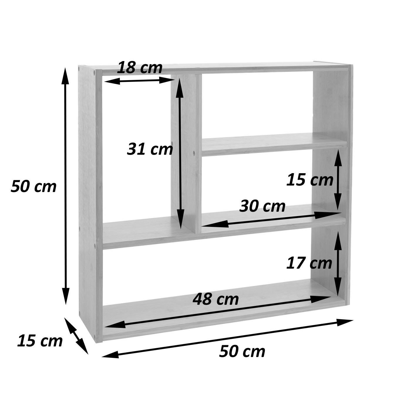 Wandplank MCW-M22, hangplank Drijvende plank met 4 vakken, bamboe 50x50x15cm