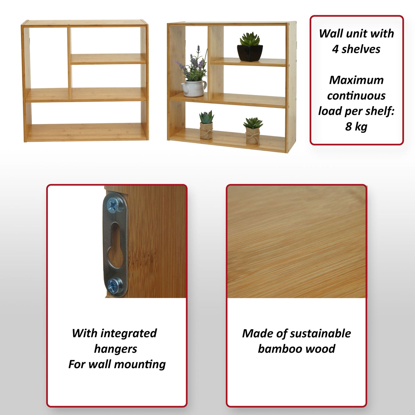 Wandplank MCW-M22, hangplank Drijvende plank met 4 vakken, bamboe 50x50x15cm