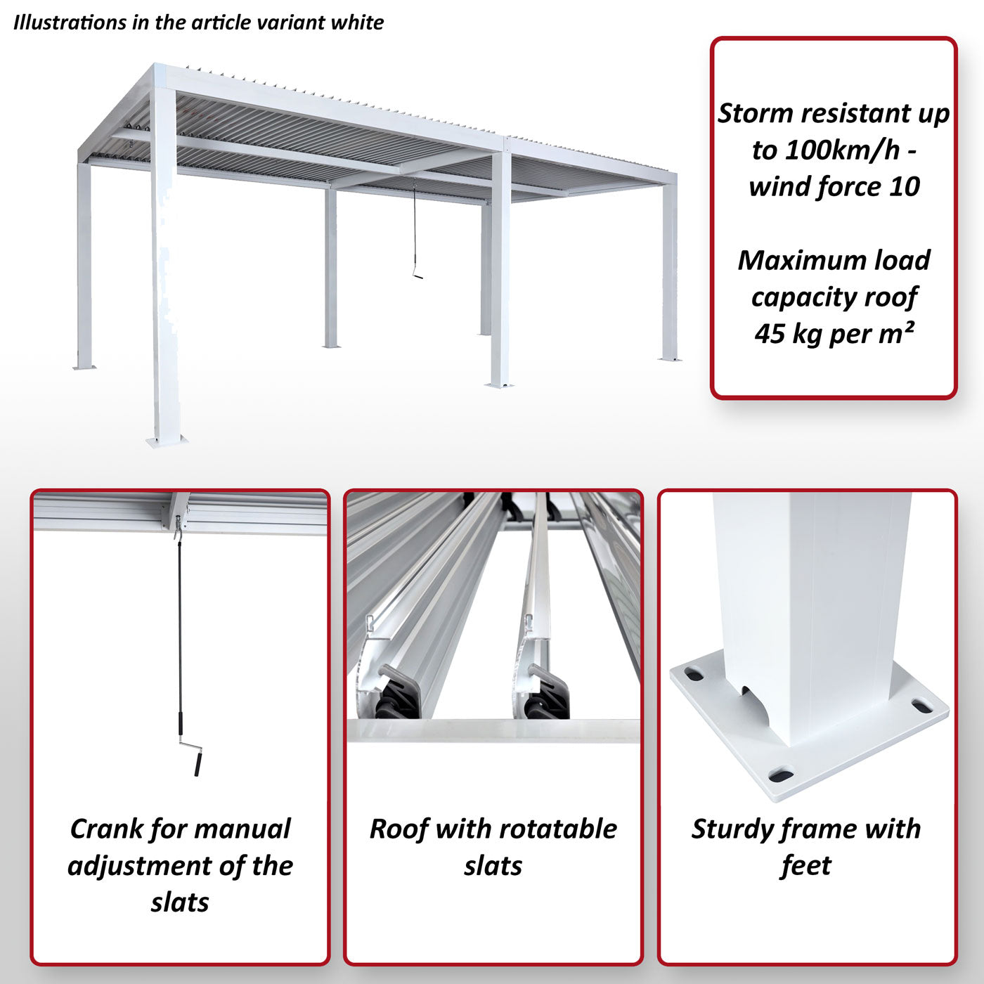 Pergola MCW-L46, tuinpaviljoen met latten, 11cm aluminium frame, stormvaste regengoot, 3x6m ~ wit