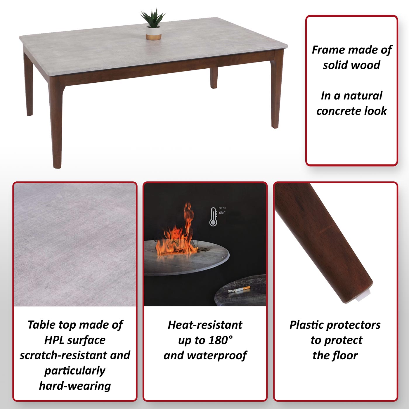 Salontafel MCW-M55, bijzettafel sofatafel massief hout HDF laminaat melamine 46x120x70cm betonlook bruine poten