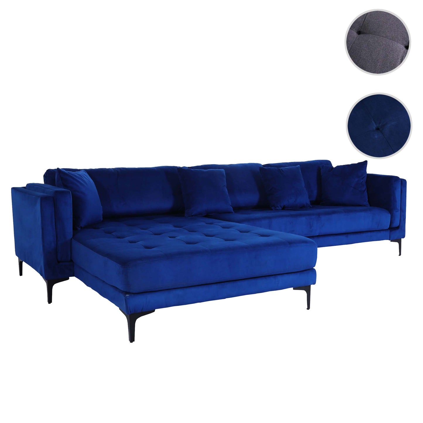 Bankstel MCW-M27, hoekbank L-vorm, ligvlak links/rechts, massief hout 293cm ~ fluweel donkerblauw