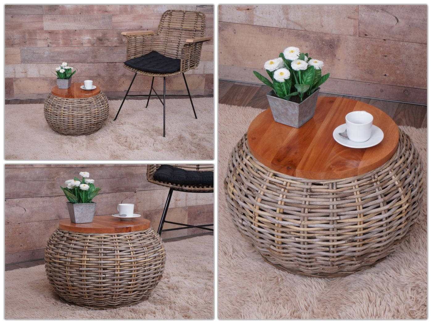 Bijzettafel MCW-M30, rotan tafel bloem tafel salontafel lounge tafel houten tafel, rond 33x49x49cm, Kubu rotan natuur
