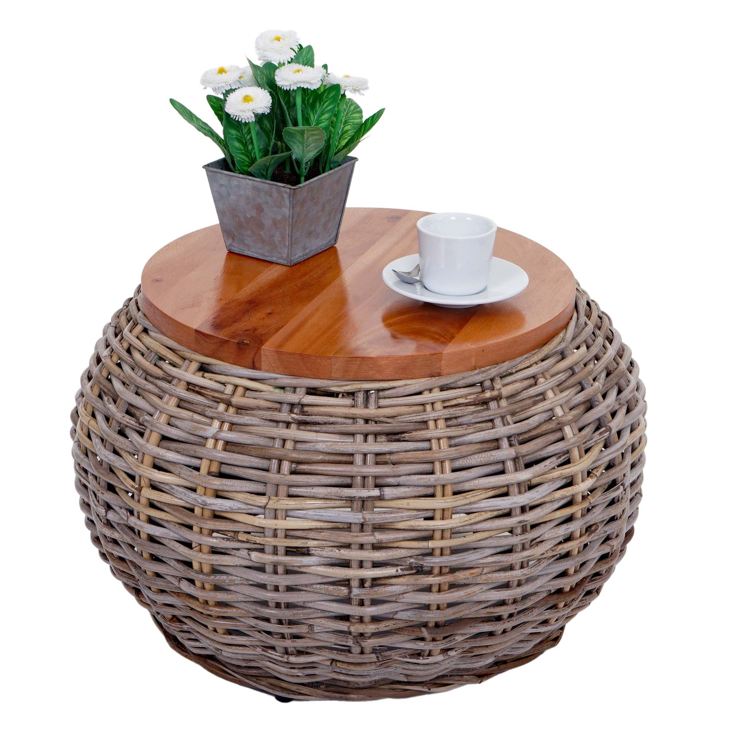 Bijzettafel MCW-M30, rotan tafel bloem tafel salontafel lounge tafel houten tafel, rond 33x49x49cm, Kubu rotan natuur