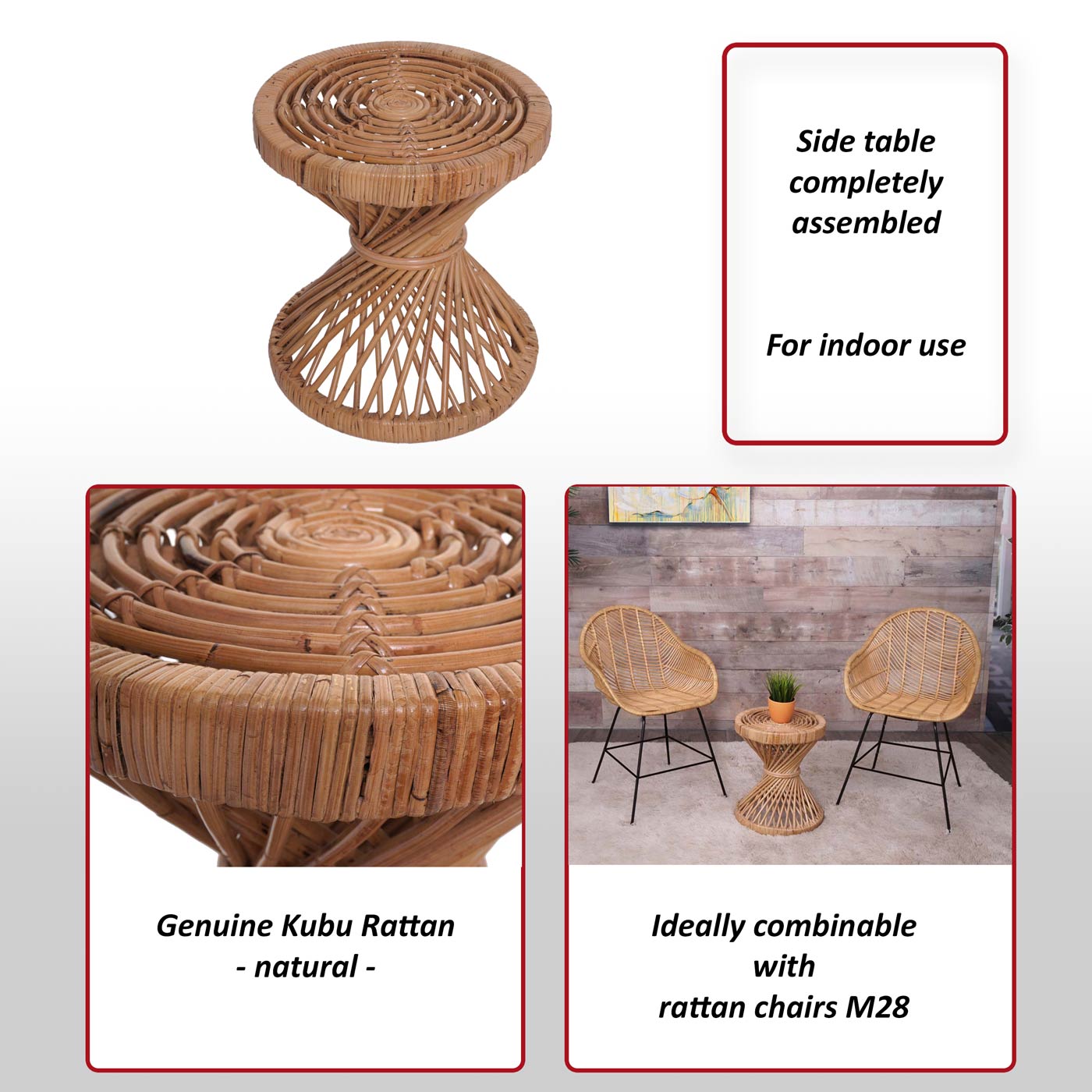 Bijzettafel MCW-M31, bloementafel rotan salontafel, rond 43x38x38cm, naturel Kubu rotan