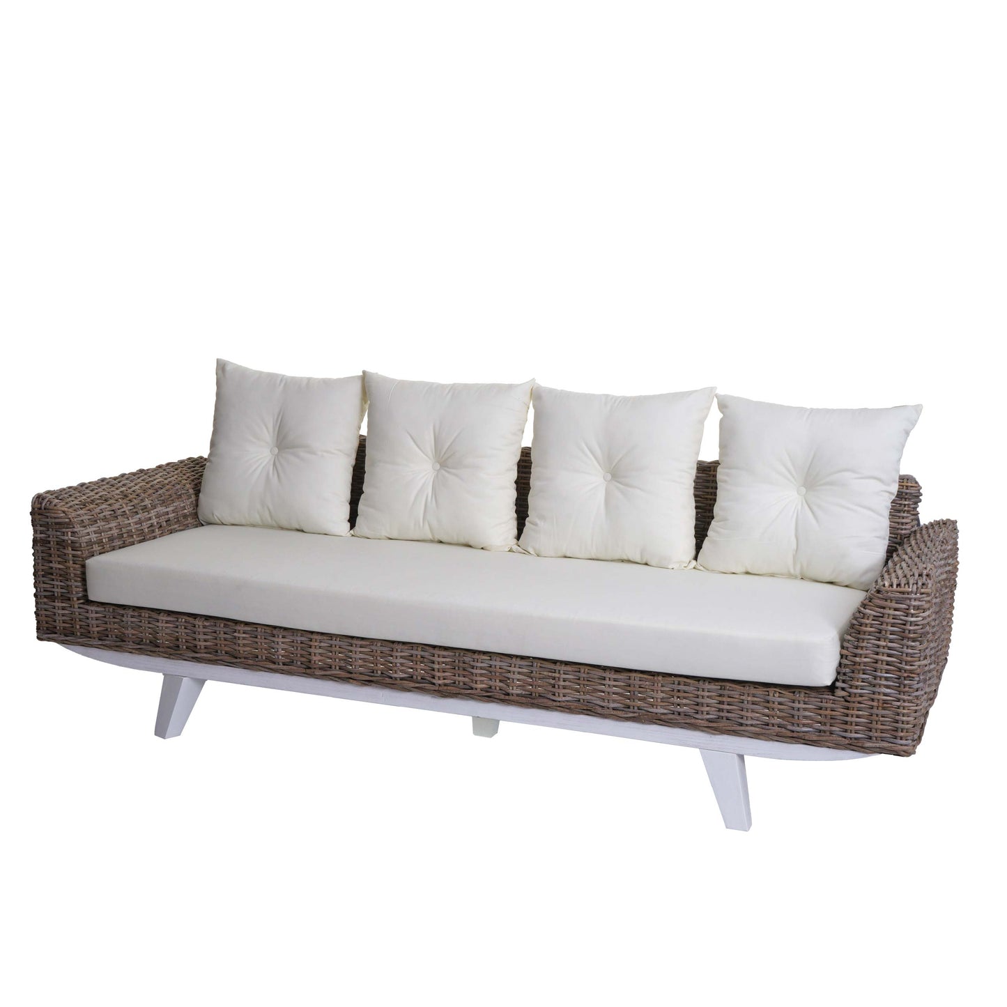 Sofa MCW-M32, 4-zits bank rotan loungebank met kussens, 209cm Kubu rotan natuurlijke stof/textiel bekleding crème