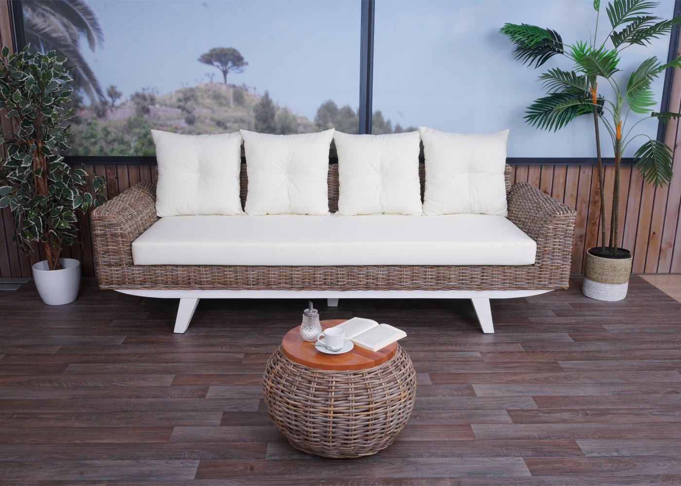 Sofa MCW-M32, 4-zits bank rotan loungebank met kussens, 209cm Kubu rotan natuurlijke stof/textiel bekleding crème