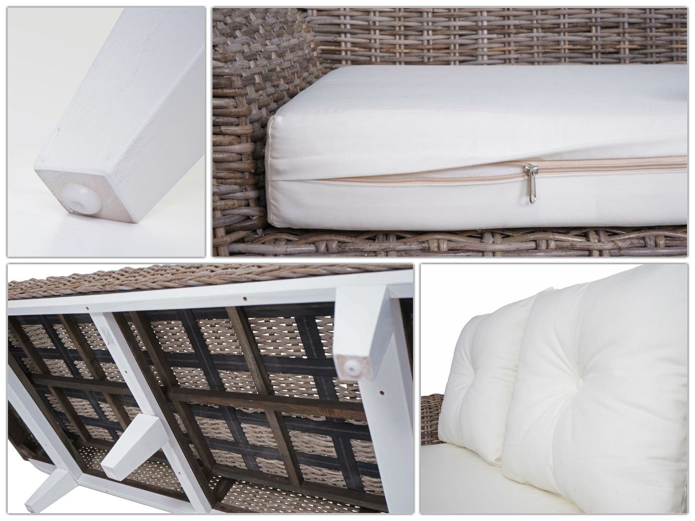 Sofa MCW-M32, 4-zits bank rotan loungebank met kussens, 209cm Kubu rotan natuurlijke stof/textiel bekleding crème