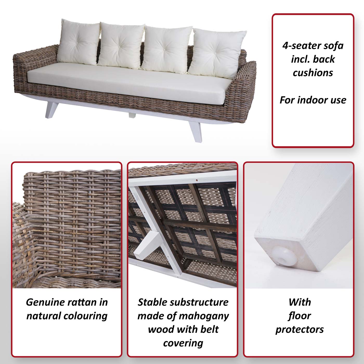 Sofa MCW-M32, 4-zits bank rotan loungebank met kussens, 209cm Kubu rotan natuurlijke stof/textiel bekleding crème