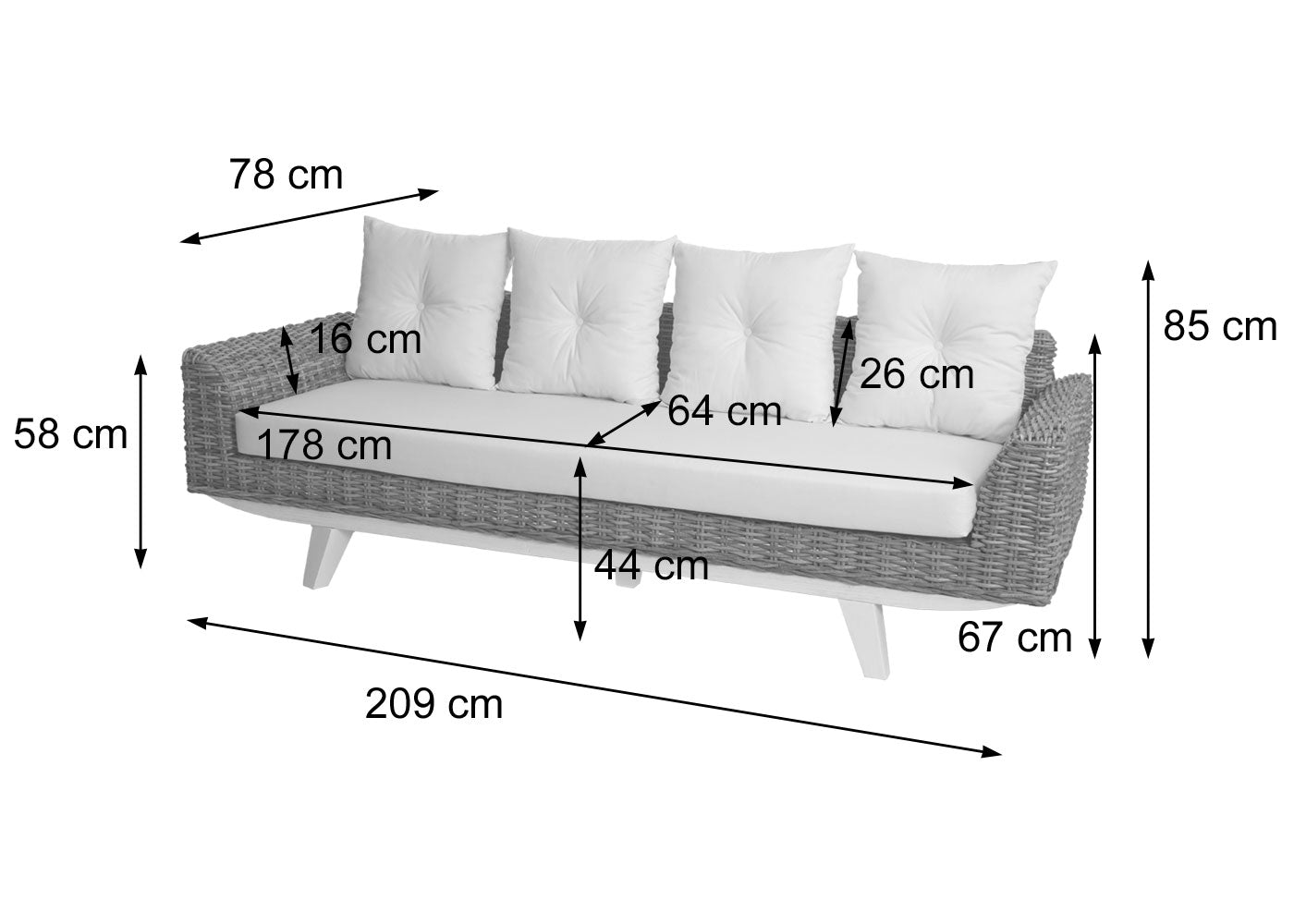 Sofa MCW-M32, 4-zits bank rotan loungebank met kussens, 209cm Kubu rotan natuurlijke stof/textiel bekleding crème