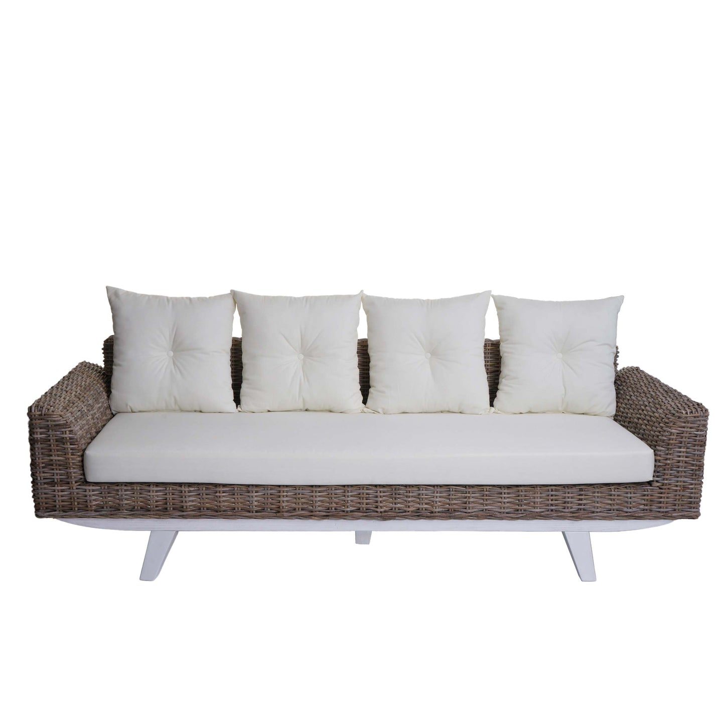 Sofa MCW-M32, 4-zits bank rotan loungebank met kussens, 209cm Kubu rotan natuurlijke stof/textiel bekleding crème