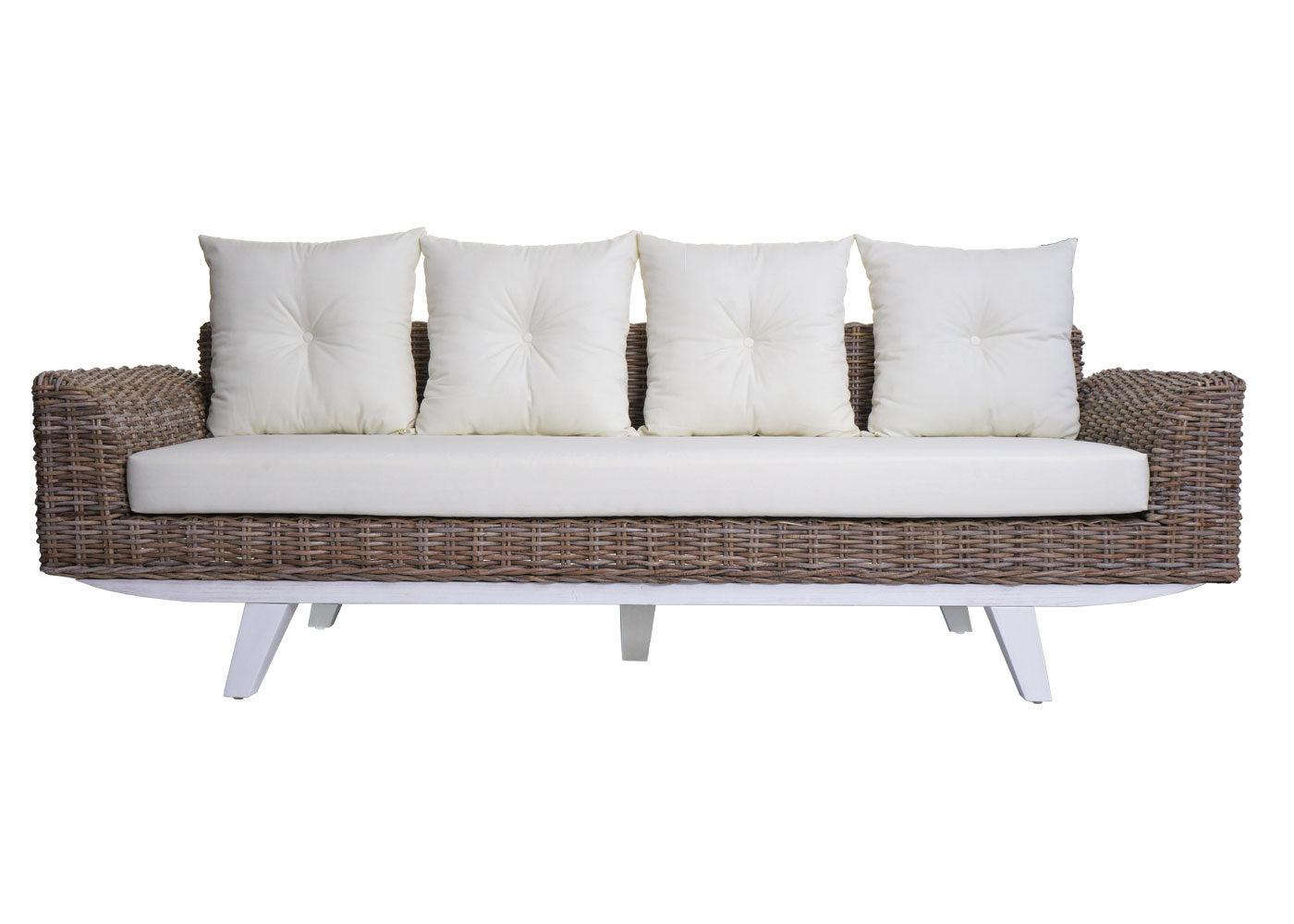 Sofa MCW-M32, 4-zits bank rotan loungebank met kussens, 209cm Kubu rotan natuurlijke stof/textiel bekleding crème