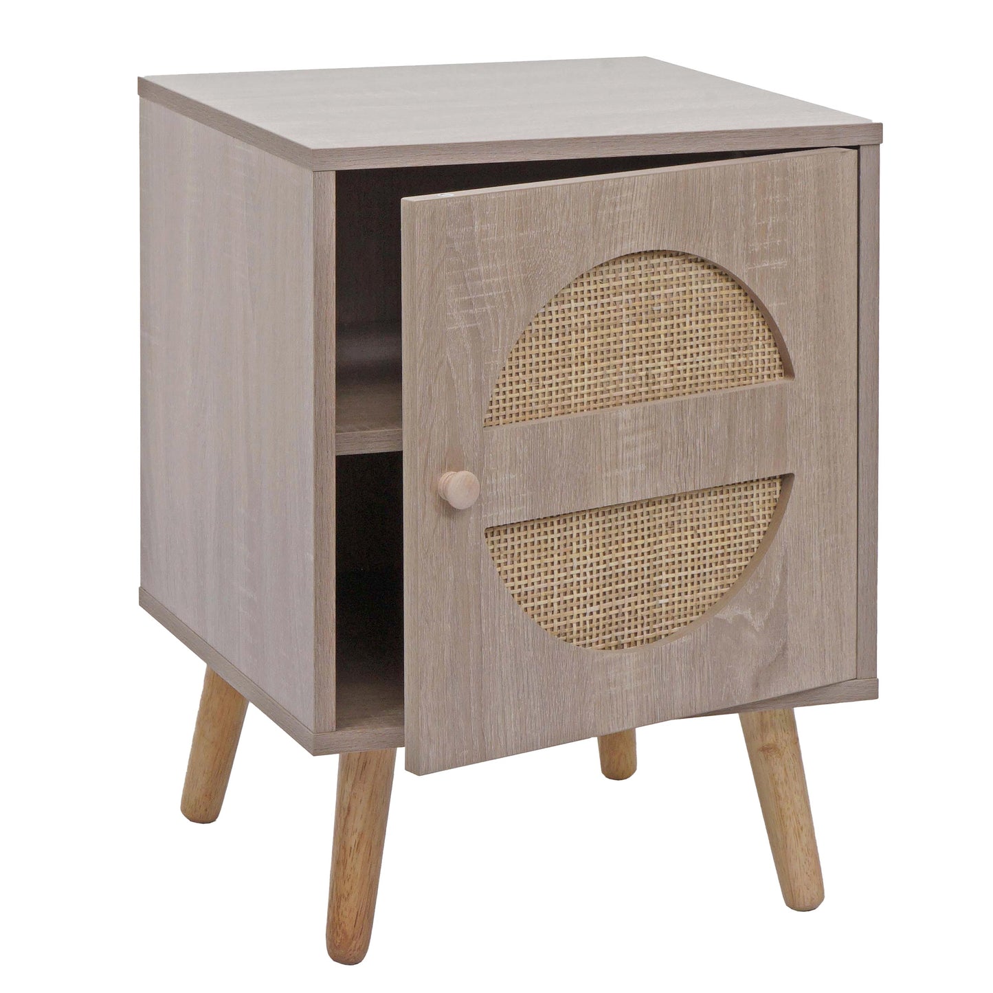 Nachtkastje MCW-M35, salontafel bijzettafel, opbergvakken, Kubu rotan hout melamine, eiken-look 56x40x40cm