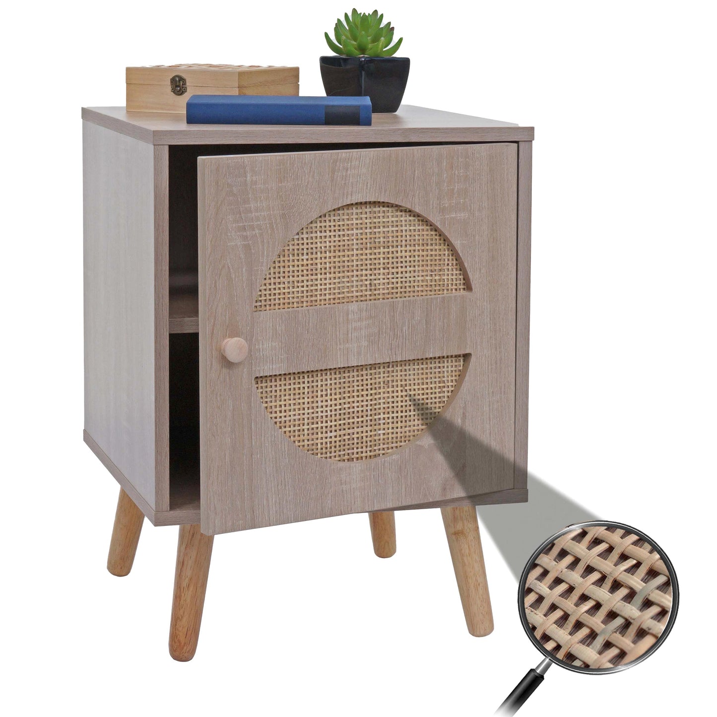 Nachtkastje MCW-M35, salontafel bijzettafel, opbergvakken, Kubu rotan hout melamine, eiken-look 56x40x40cm