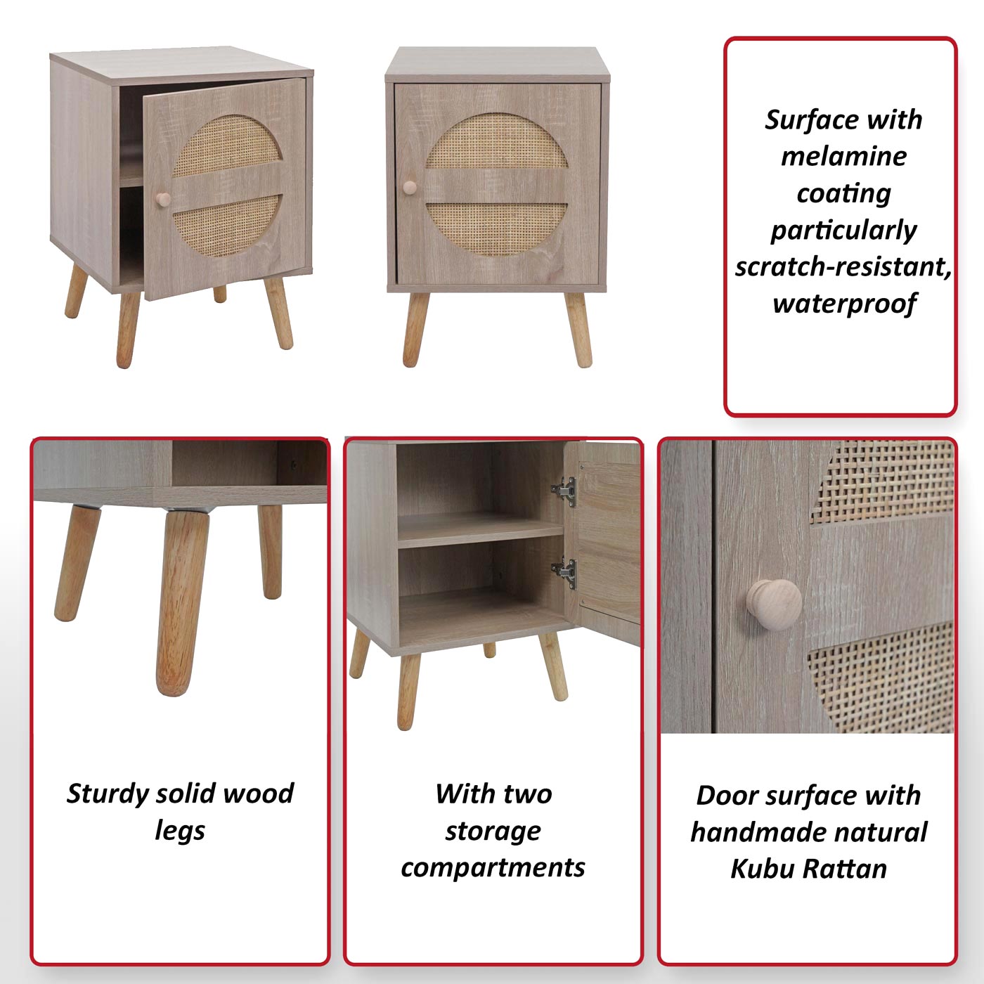 Nachtkastje MCW-M35, salontafel bijzettafel, opbergvakken, Kubu rotan hout melamine, eiken-look 56x40x40cm