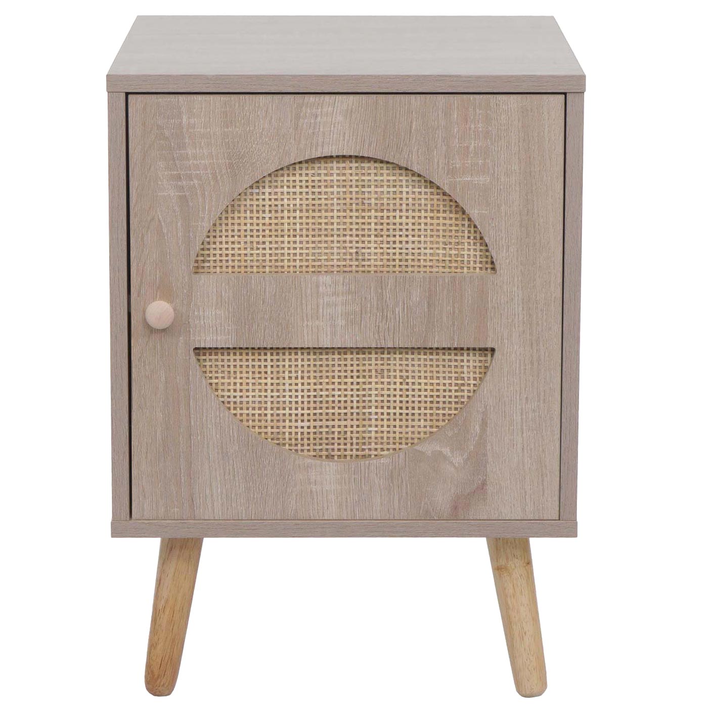Nachtkastje MCW-M35, salontafel bijzettafel, opbergvakken, Kubu rotan hout melamine, eiken-look 56x40x40cm