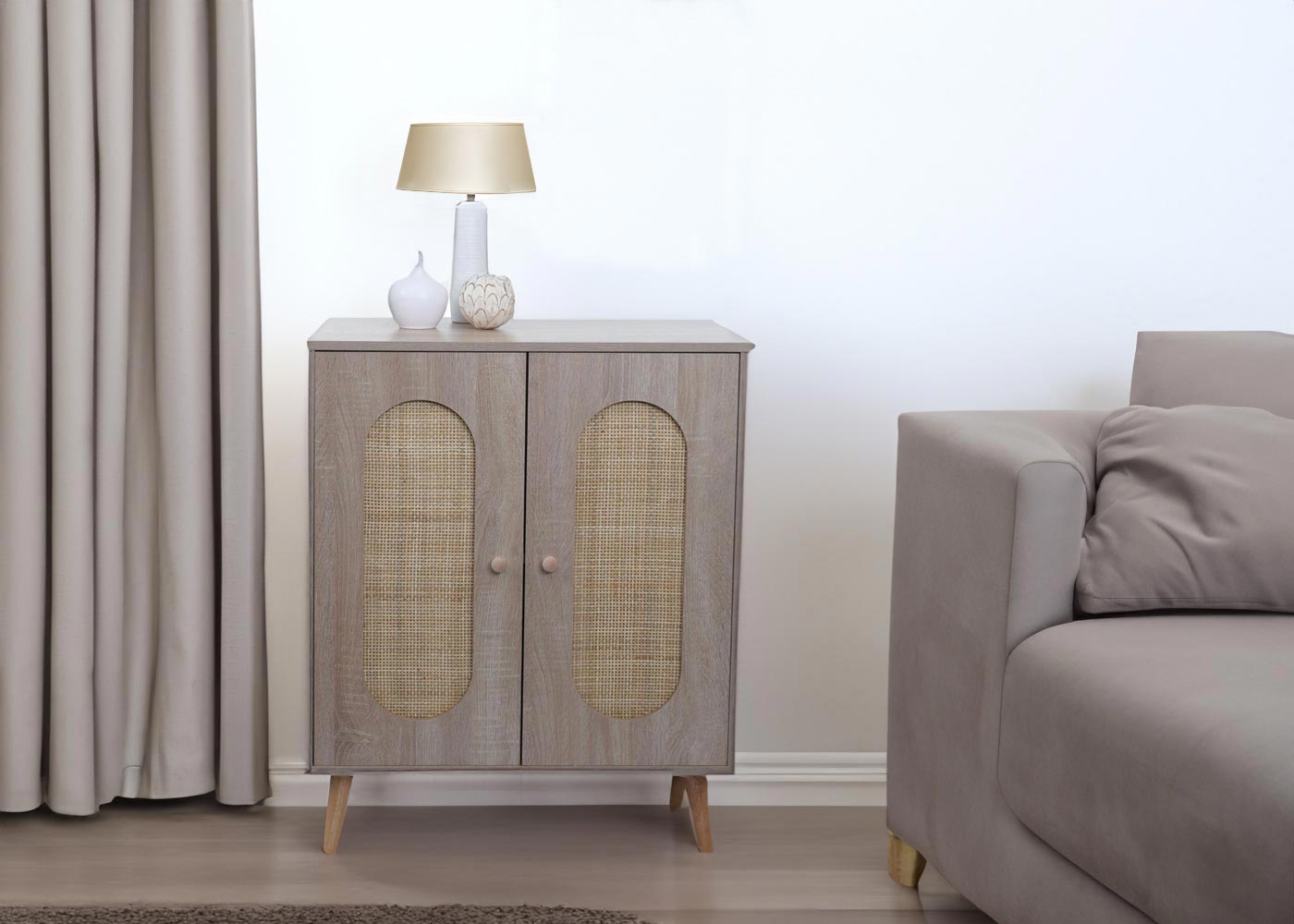 Ladekast MCW-M35, buffetkast highboard, opbergvakken, Kubu rotan hout melamine, eiken look