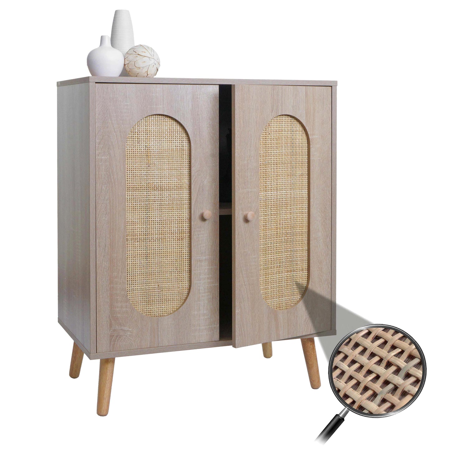 Ladekast MCW-M35, buffetkast highboard, opbergvakken, Kubu rotan hout melamine, eiken look