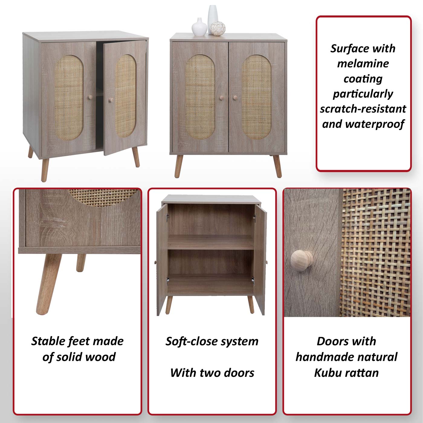 Ladekast MCW-M35, buffetkast highboard, opbergvakken, Kubu rotan hout melamine, eiken look