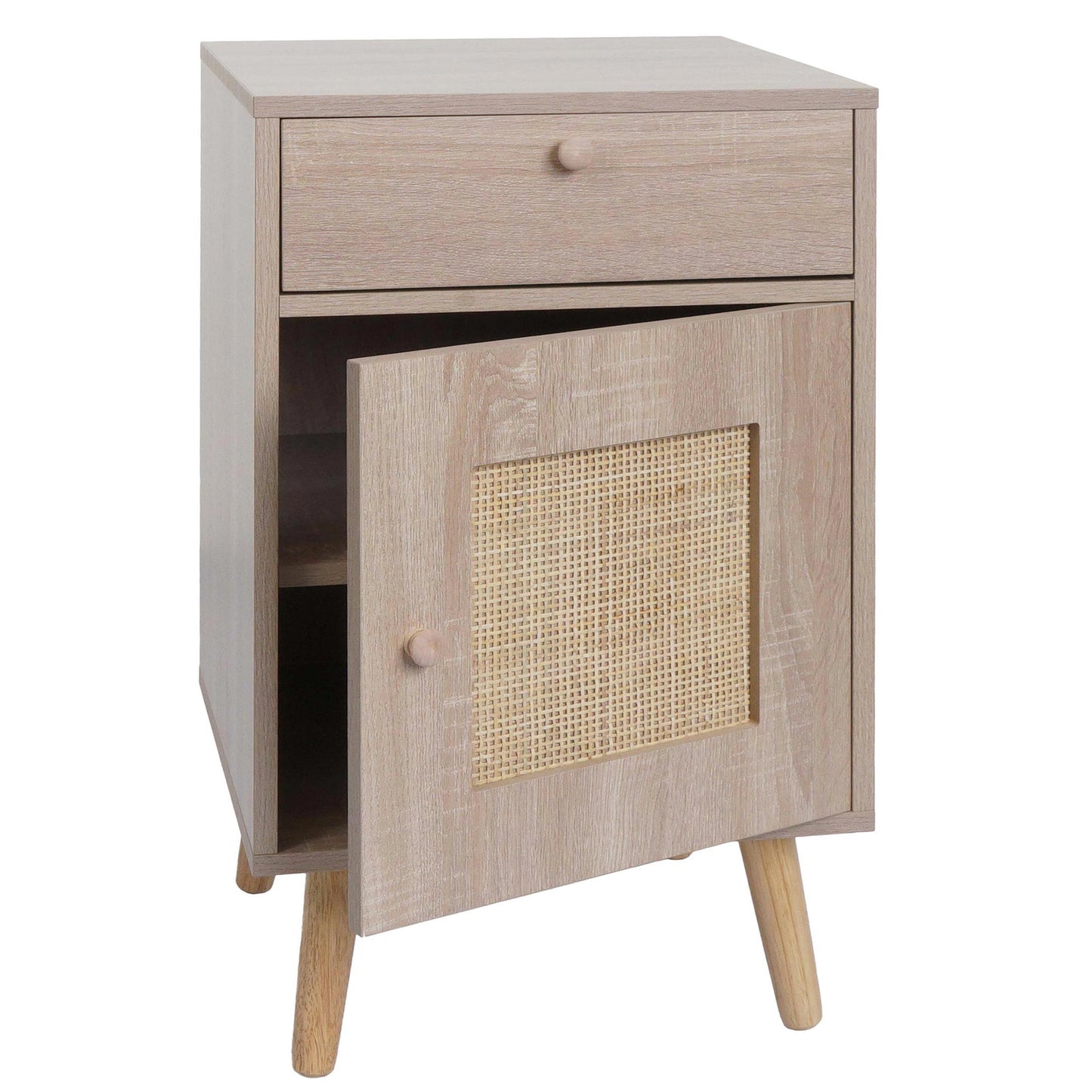 Bijzettafel MCW-M36, salontafel nachtkastje loungetafel, opbergvakken lade, Kubu rotan hout melamine, eiken-look